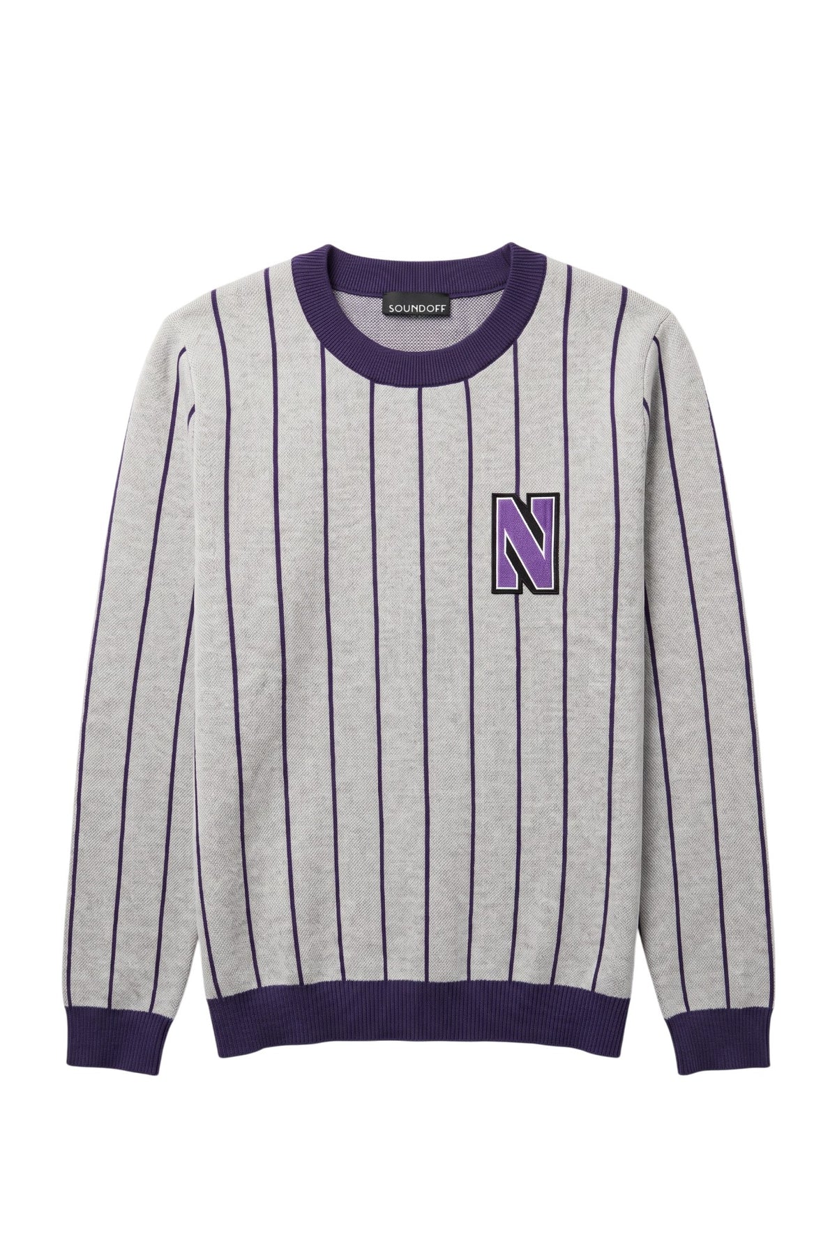 Light grey Northwestern University heritage pinstripe classic crewneck knit sweater with purple pinstripe detail and purple and white Block "N" embroidered crest patch sewn onto left chest.