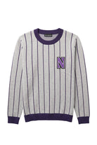 Light grey Northwestern University heritage pinstripe classic crewneck knit sweater with purple pinstripe detail and purple and white Block "N" embroidered crest patch sewn onto left chest.