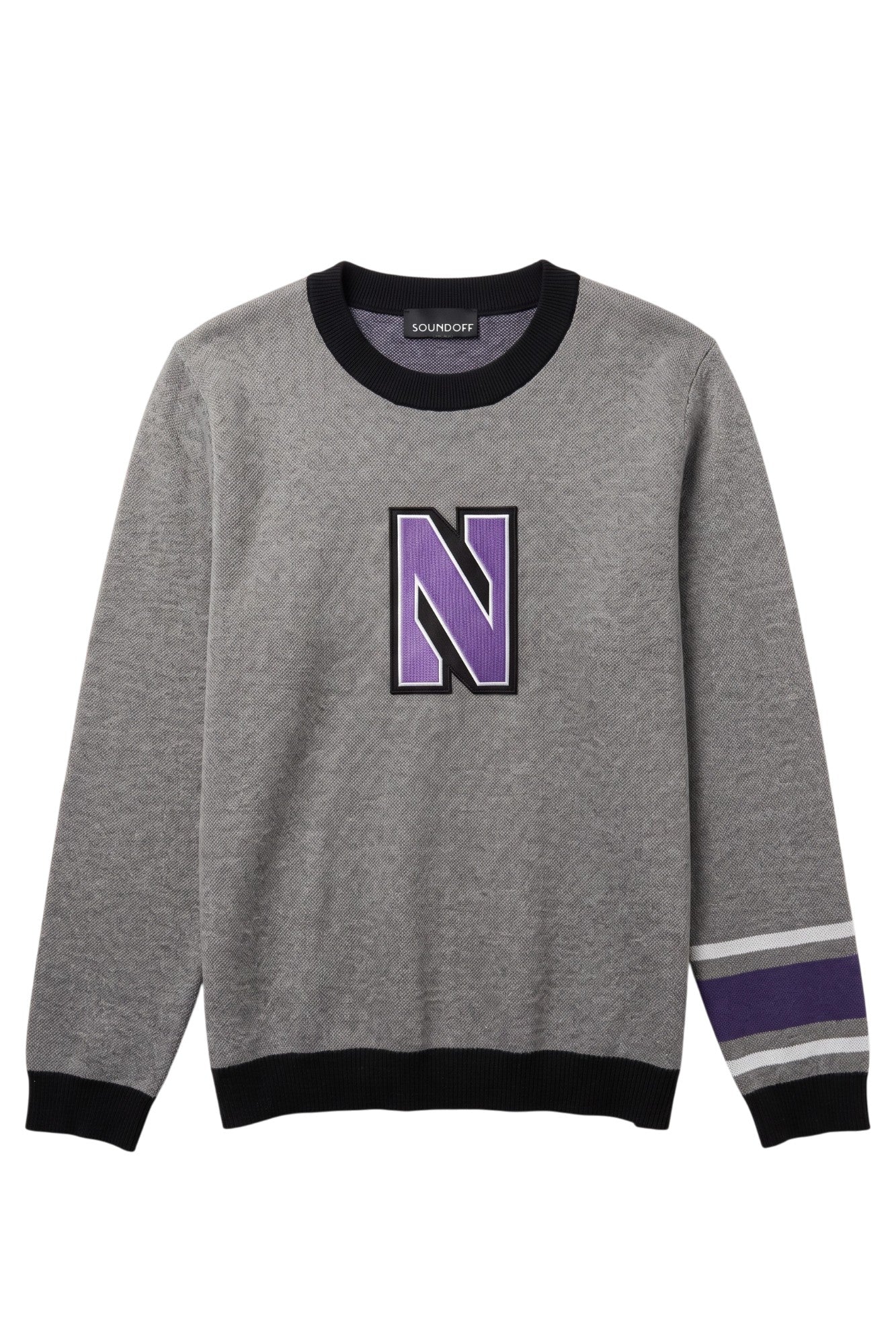 Light grey Northwestern University powerstripe classic crewneck knit sweater with purple and white stripe detail on left sleeve and purple and white Block "N" embroidered varsity patch sewn onto center chest.