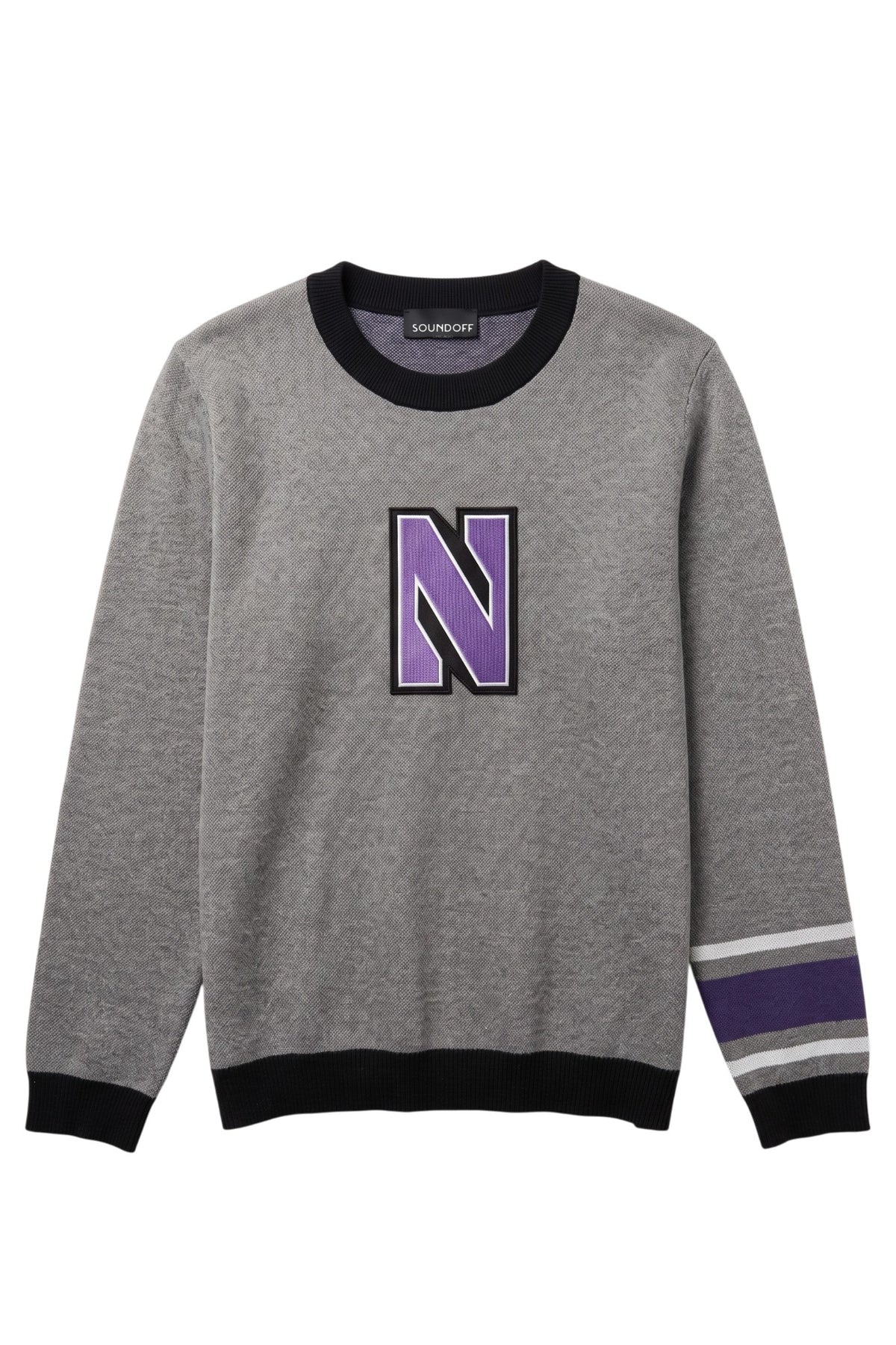 Light grey Northwestern University powerstripe classic crewneck knit sweater with purple and white stripe detail on left sleeve and purple and white Block "N" embroidered varsity patch sewn onto center chest.