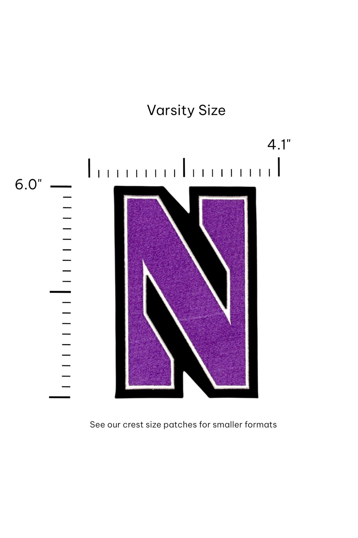 Northwestern University Block N Purple Embroidered Varsity Patch with White and Black trim, 4.1 inches wide by 6.0 inches tall – SOUNDOFF FRONT size