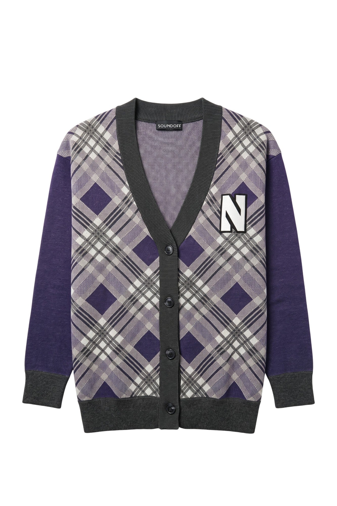 Purple, charcoal grey, and white bias plaid Northwestern University cardigan knit sweater with white and black trim Block "N" embroidered crest patch sewn onto the left chest.