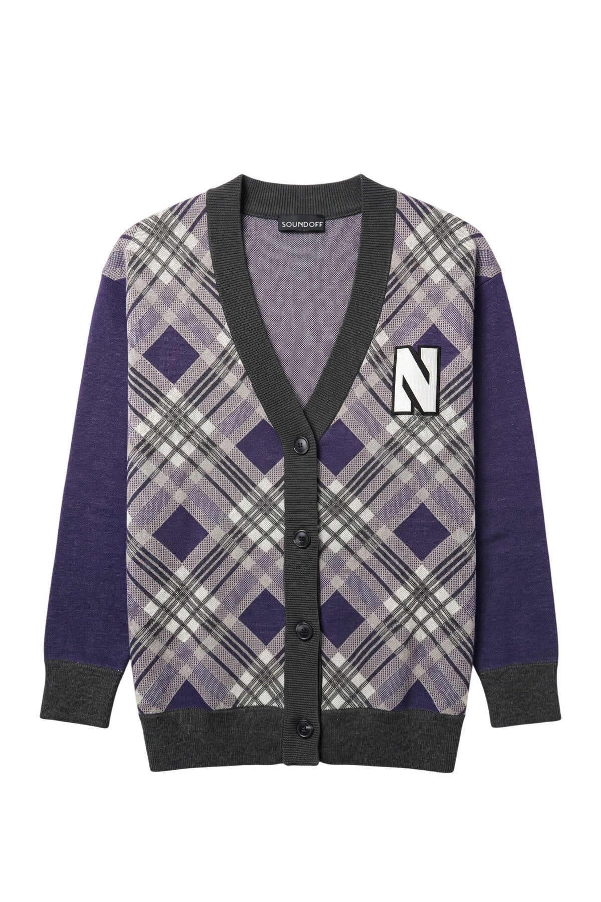 Purple, charcoal grey, and white bias plaid Northwestern University cardigan knit sweater with white and black trim Block "N" embroidered crest patch sewn onto the left chest.