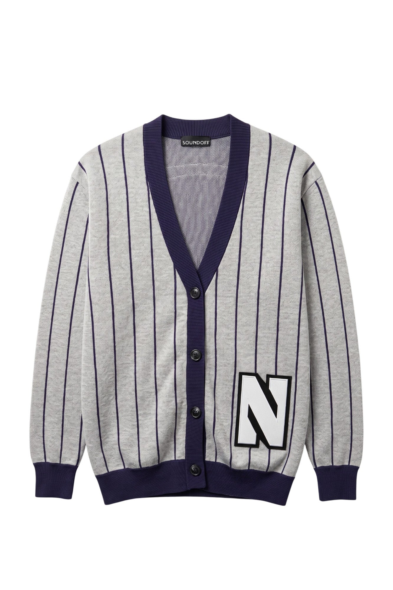 Light grey and purple trimmed Northwestern University heritage pinstripe cardigan knit sweater with white and black trim Block "N" embroidered varsity patch sewn onto the lower front left.