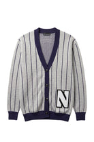 Light grey and purple trimmed Northwestern University heritage pinstripe cardigan knit sweater with white and black trim Block "N" embroidered varsity patch sewn onto the lower front left.