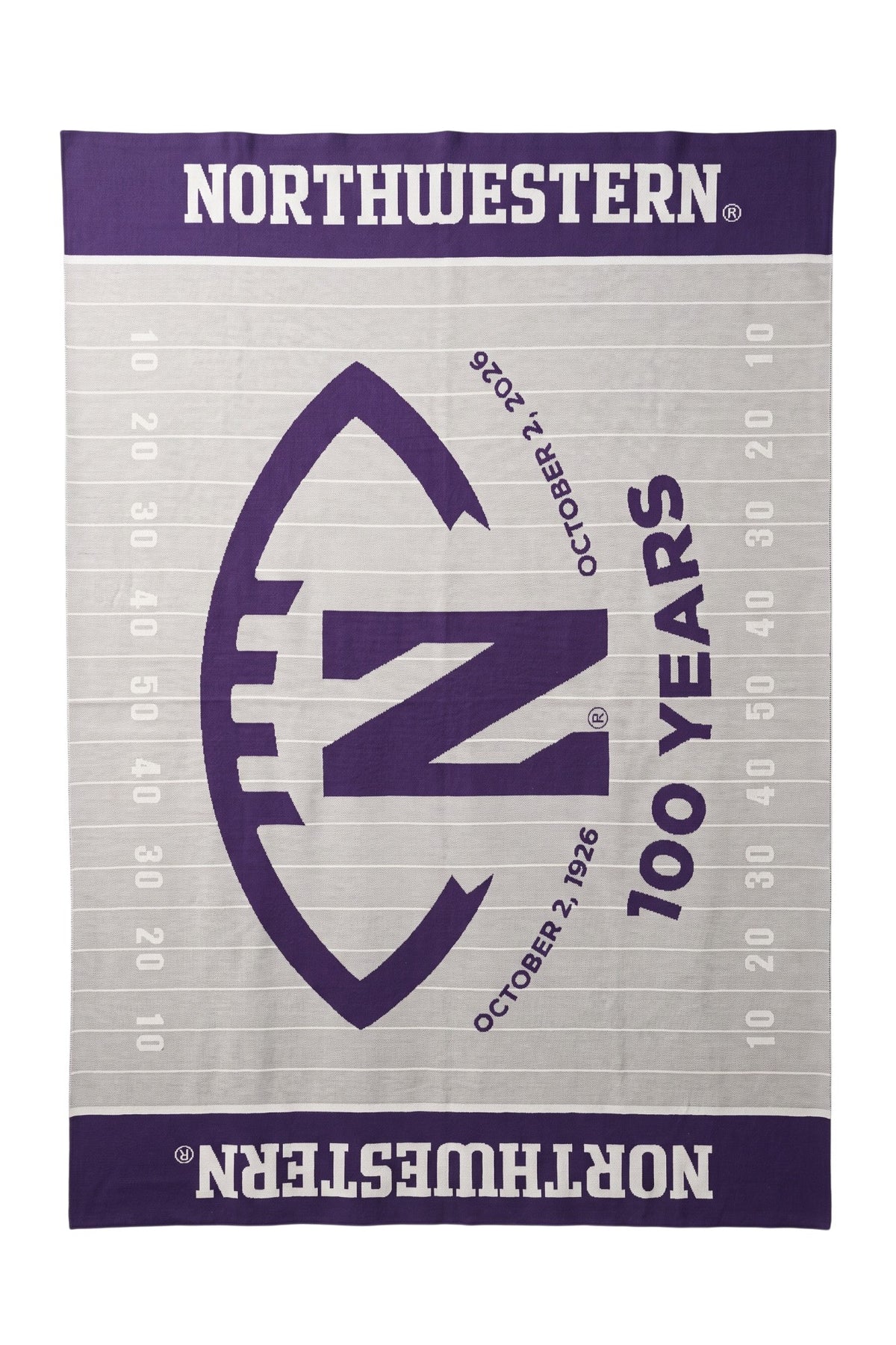 Northwestern University Centennial Gridiron Football 50 x 70 Throw in Light Grey and Purple with football field design, Gothic N, and 100 Years Ryan Field centennial graphic – SOUNDOFF FRONT