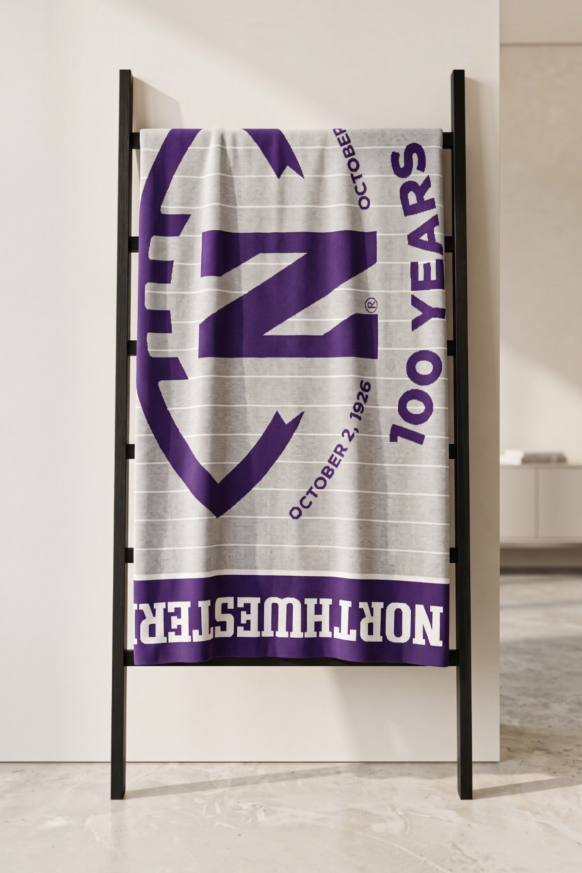 Northwestern University Centennial Gridiron Football 50 x 70 Throw in Light Grey and Purple with football field design, Gothic N, and 100 Years Ryan Field centennial graphic – SOUNDOFF HANGING