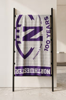 Northwestern University Centennial Gridiron Football 50 x 70 Throw in Light Grey and Purple with football field design, Gothic N, and 100 Years Ryan Field centennial graphic – SOUNDOFF HANGING