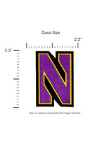 Northwestern University Gothic Block N Embroidered Crest Patch in Purple with Gold and Black trim, 2.2 inches wide by 3.3 inches tall – SOUNDOFF FRONT - size