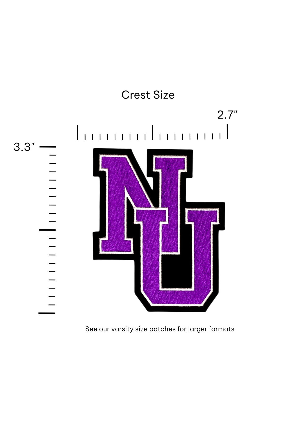 Northwestern University NU Interlock Embroidered Crest Patch in Purple with Black and White trim, 2.2 inches wide by 3.3 inches tall – SOUNDOFF FRONT - size