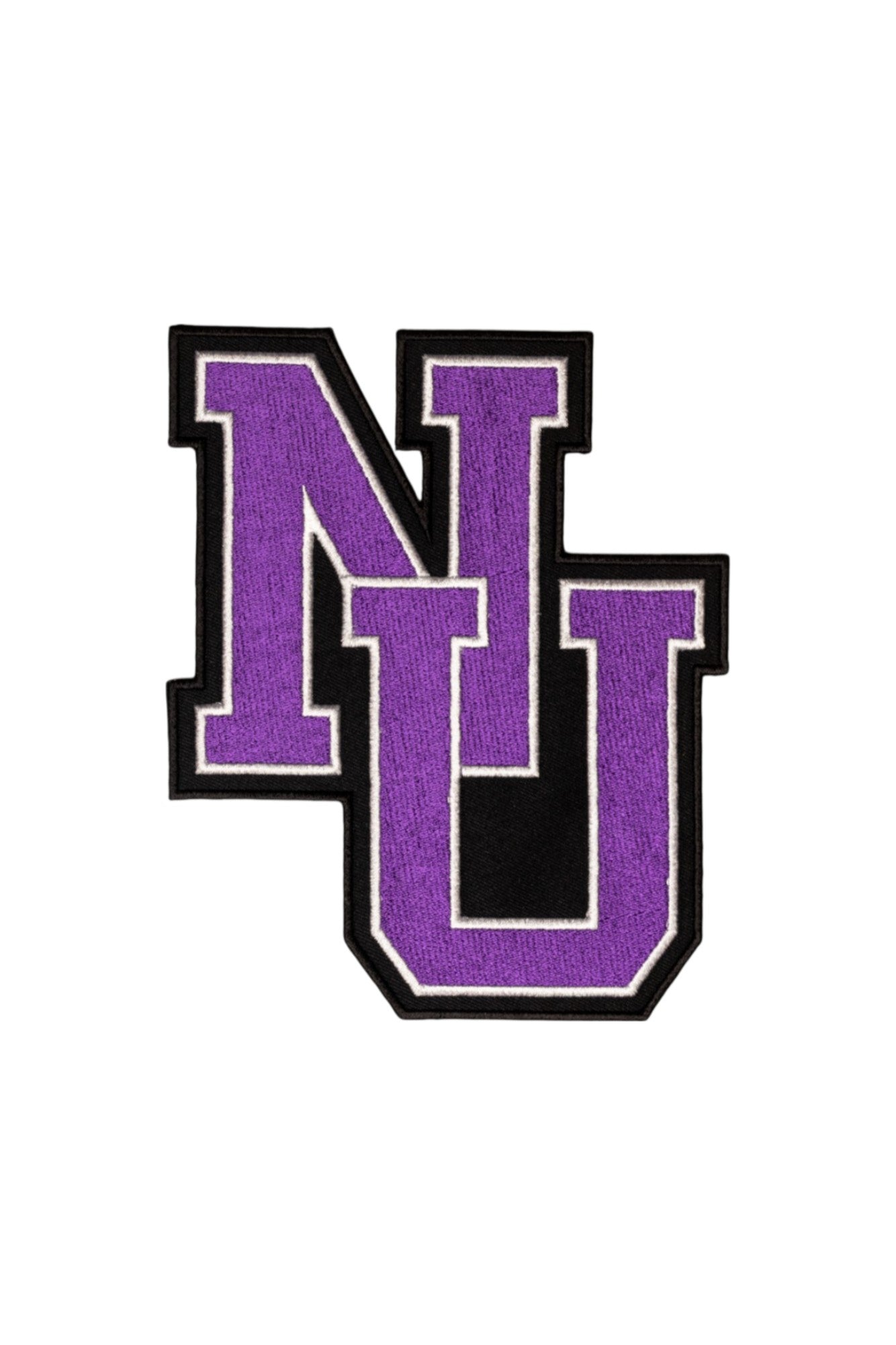 Northwestern University NU Interlock Embroidered Crest Patch in Purple with Black and White trim, 2.2 inches wide by 3.3 inches tall – SOUNDOFF FRONT