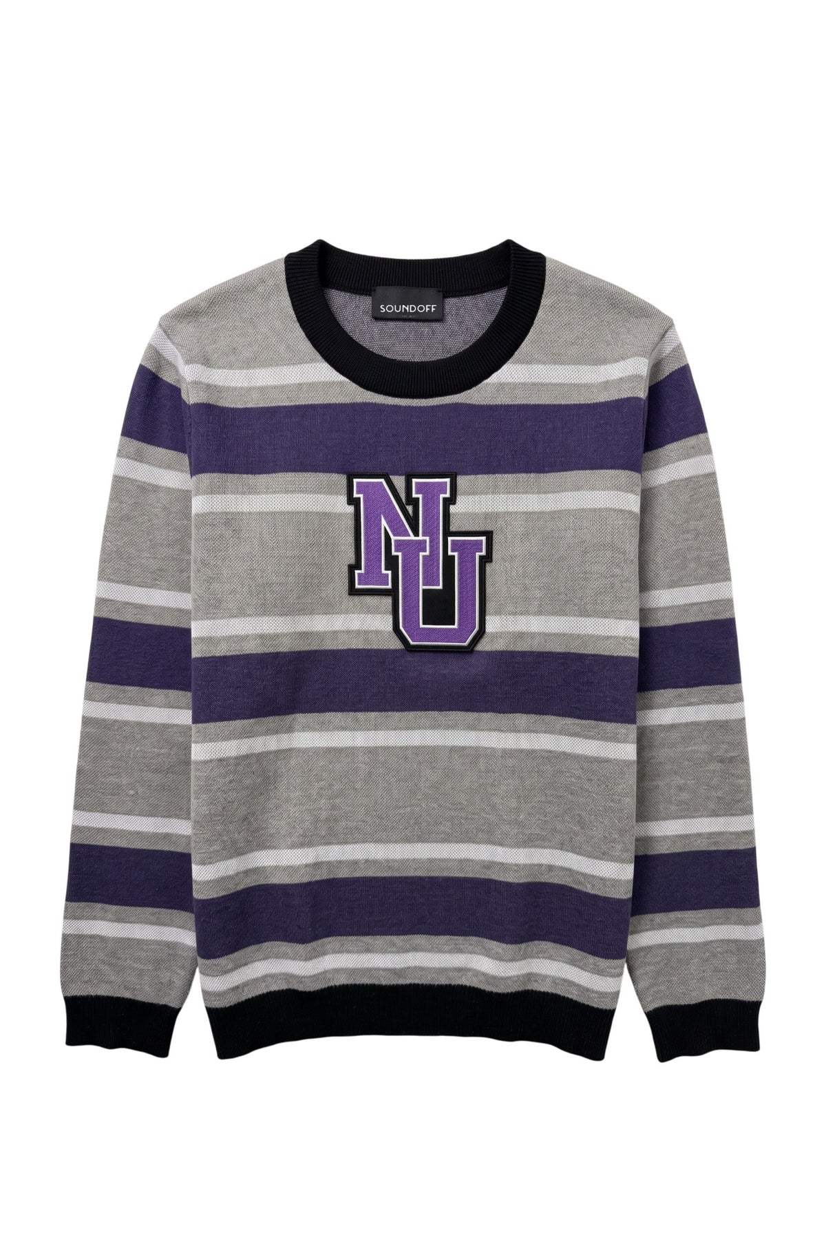 Light grey, purple, and white Northwestern University powerstripe rugby classic crew knit sweater with purple and white "NU: interlock embroidered varsity patch sewn onto center front chest.