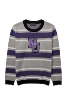 Light grey, purple, and white Northwestern University powerstripe rugby classic crew knit sweater with purple and white "NU: interlock embroidered varsity patch sewn onto center front chest.
