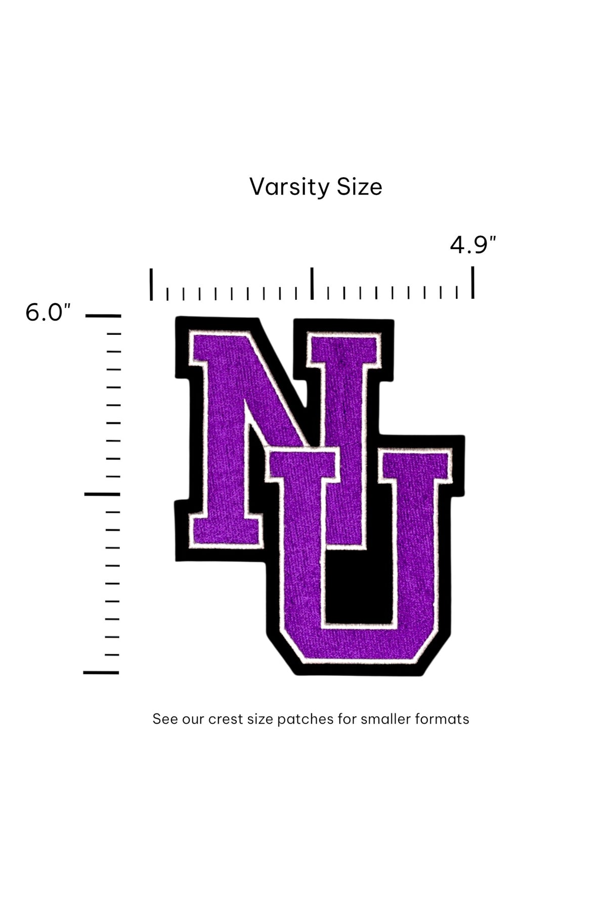 Northwestern University NU Interlock Embroidered Varsity Patch in Purple with Black and White trim, 4.9 inches wide by 6.0 inches tall – SOUNDOFF FRONT - size