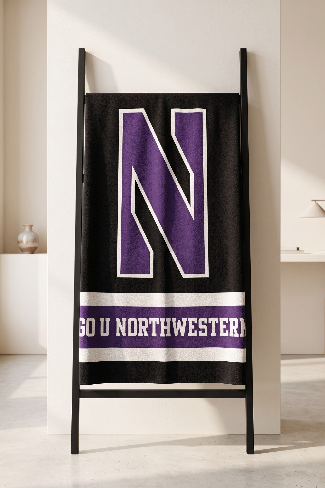 Northwestern University Varsity Throw Blanket 50 x 70 in Black with Purple and Bleach White varsity stripes by SOUNDOFF - hanging