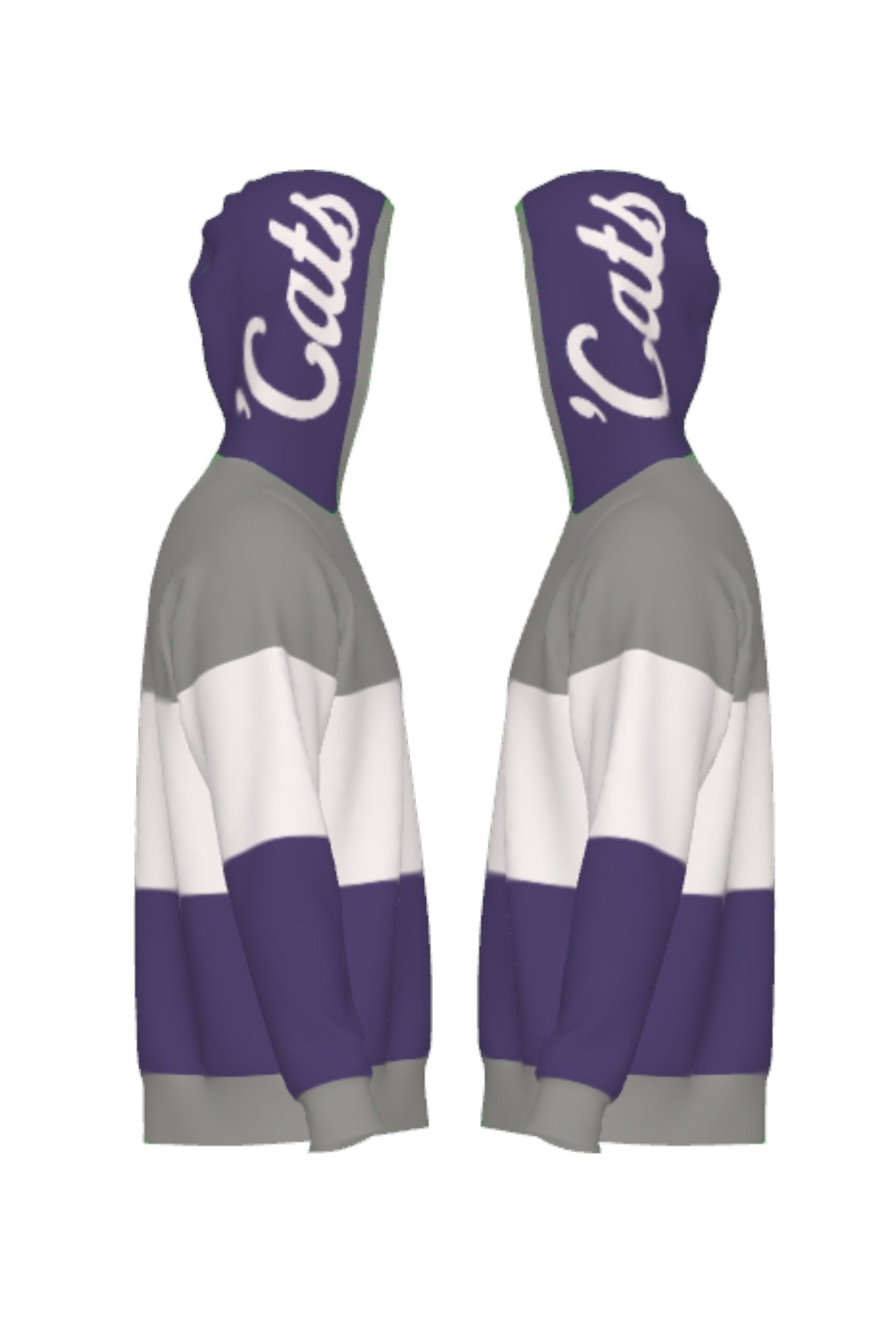 Northwestern University hooded knit sweater with white script 'Cats graphic on purple hood by SOUNDOFF - side