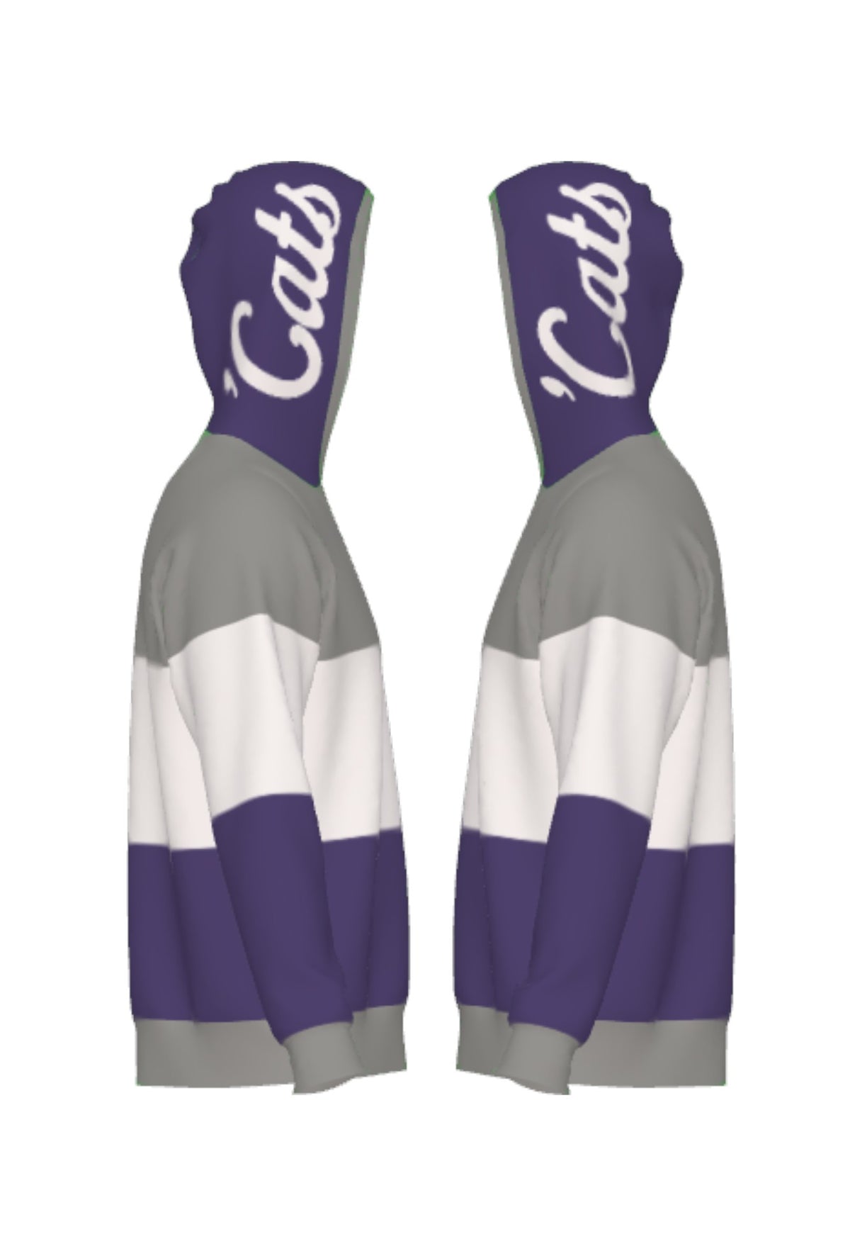 Northwestern University hooded knit sweater with white script 'Cats graphic on purple hood by SOUNDOFF - side