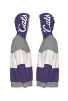 Northwestern University hooded knit sweater with white script 'Cats graphic on purple hood by SOUNDOFF - side
