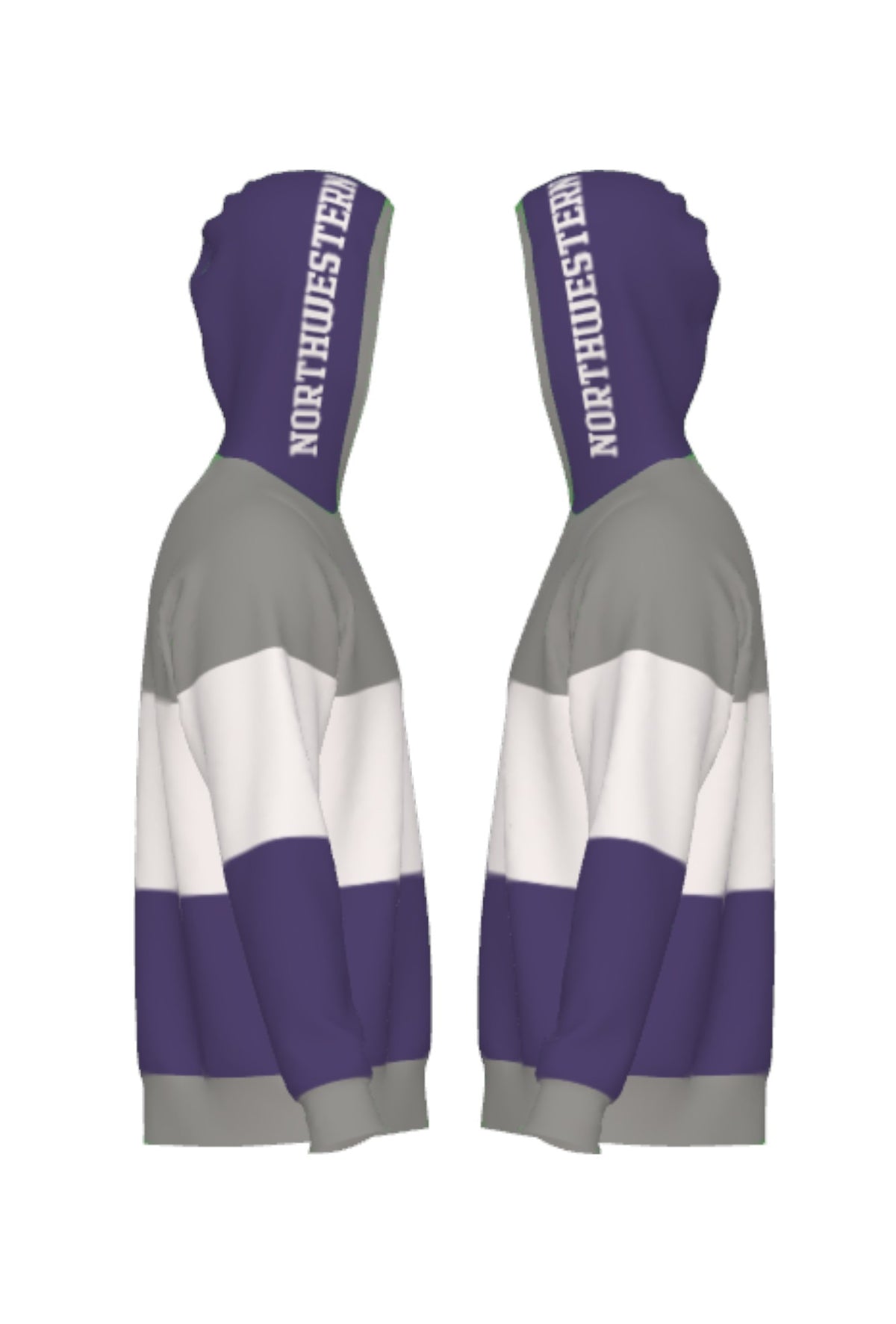 Northwestern University hooded knit sweater with white Block NORTHWESTERN graphic on purple hood by SOUNDOFF - side