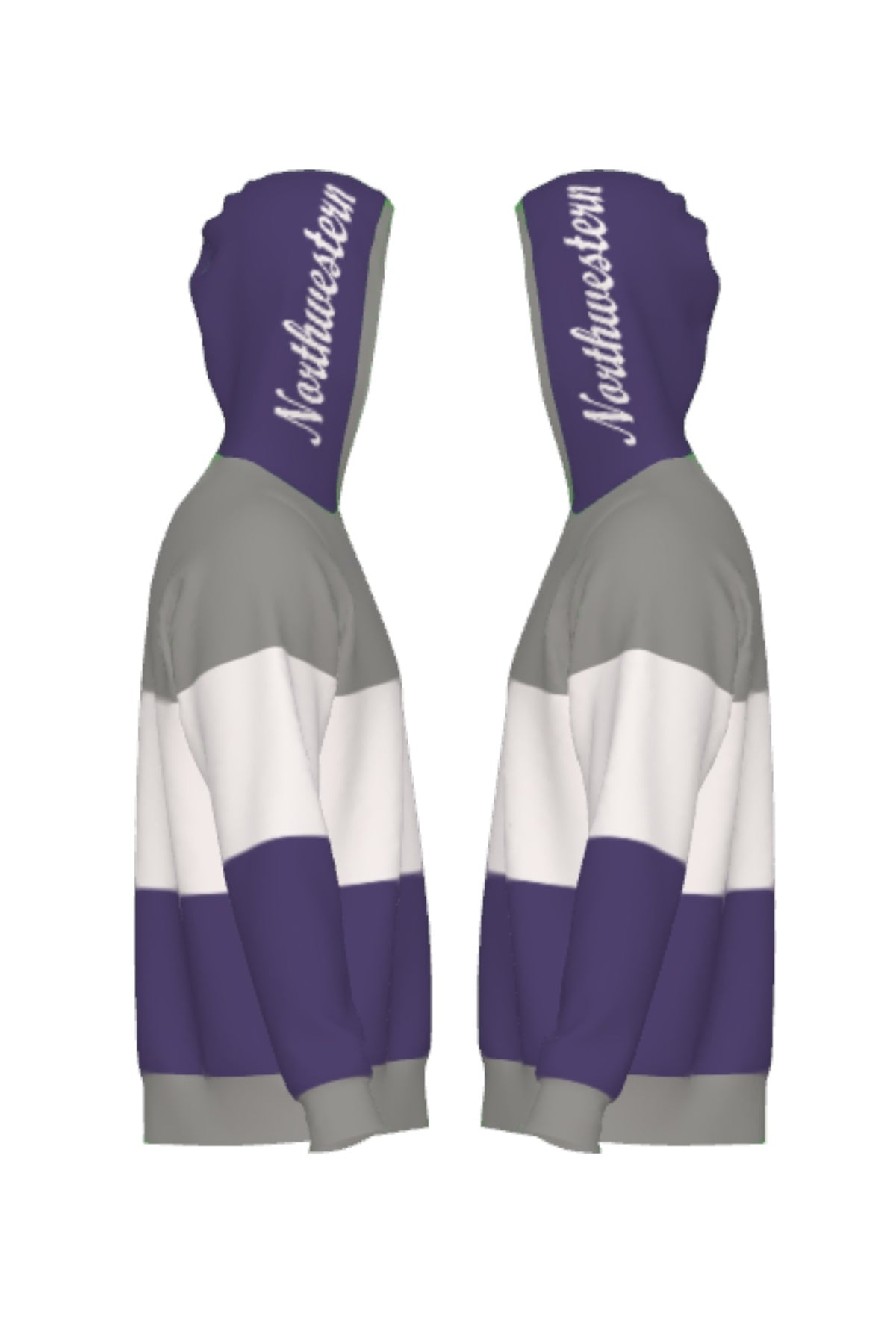 Northwestern University hooded knit sweater with white script Northwestern graphic on purple hood by SOUNDOFF - side