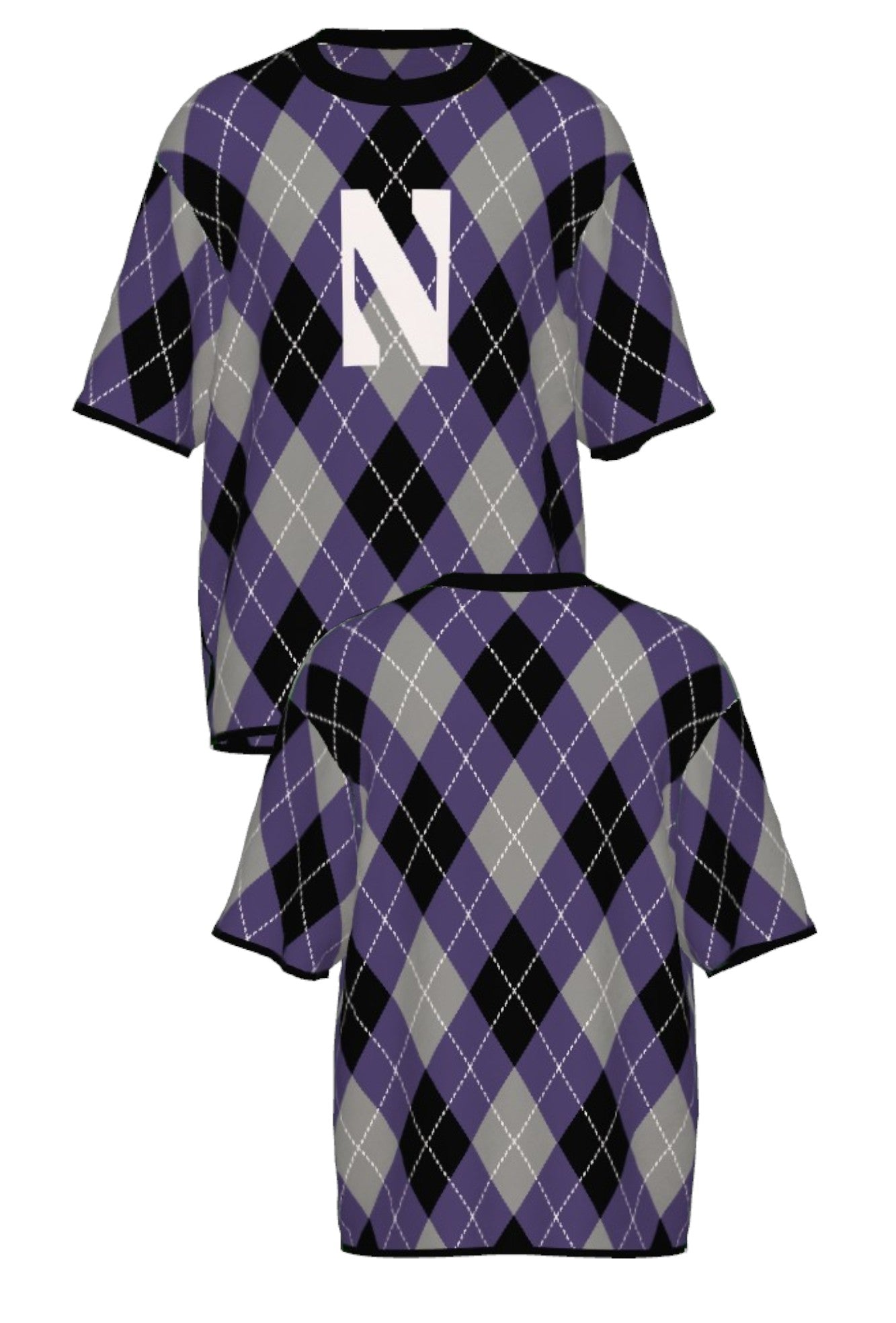 Northwestern University Argyle Knit Short Sleeve Sweater in Purple, Grey, Black and White with White Gothic N knitted into the front and Black trim – SOUNDOFF FRONT and Back