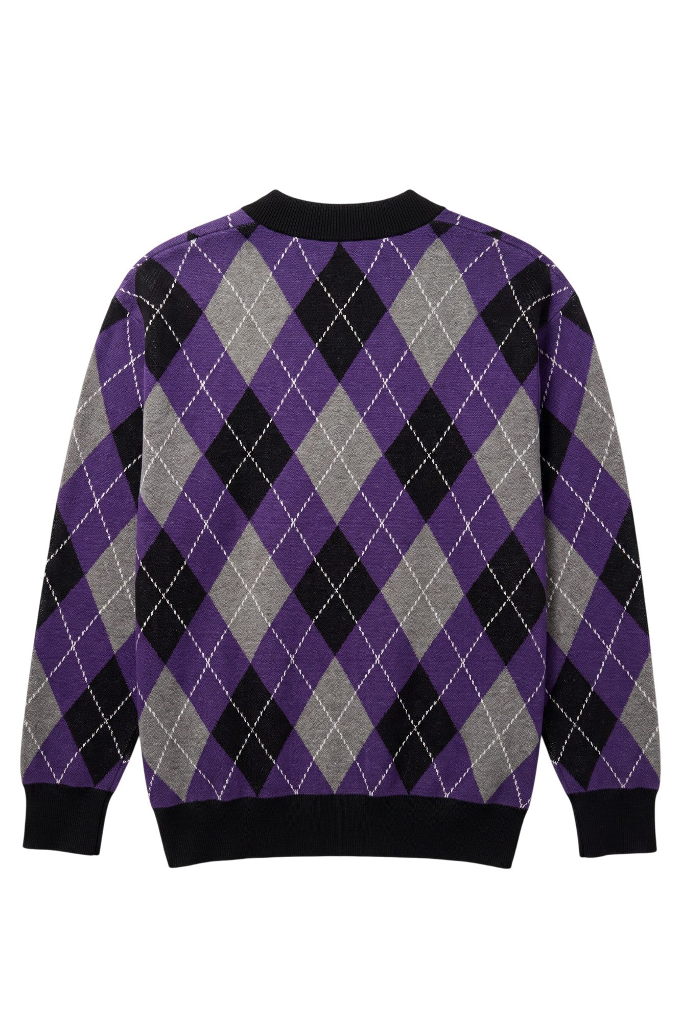 Northwestern University Argyle Knit Cardigan Sweater in Purple, Grey, Black and White with White Gothic N knitted into the front and Black trim – SOUNDOFF BACK