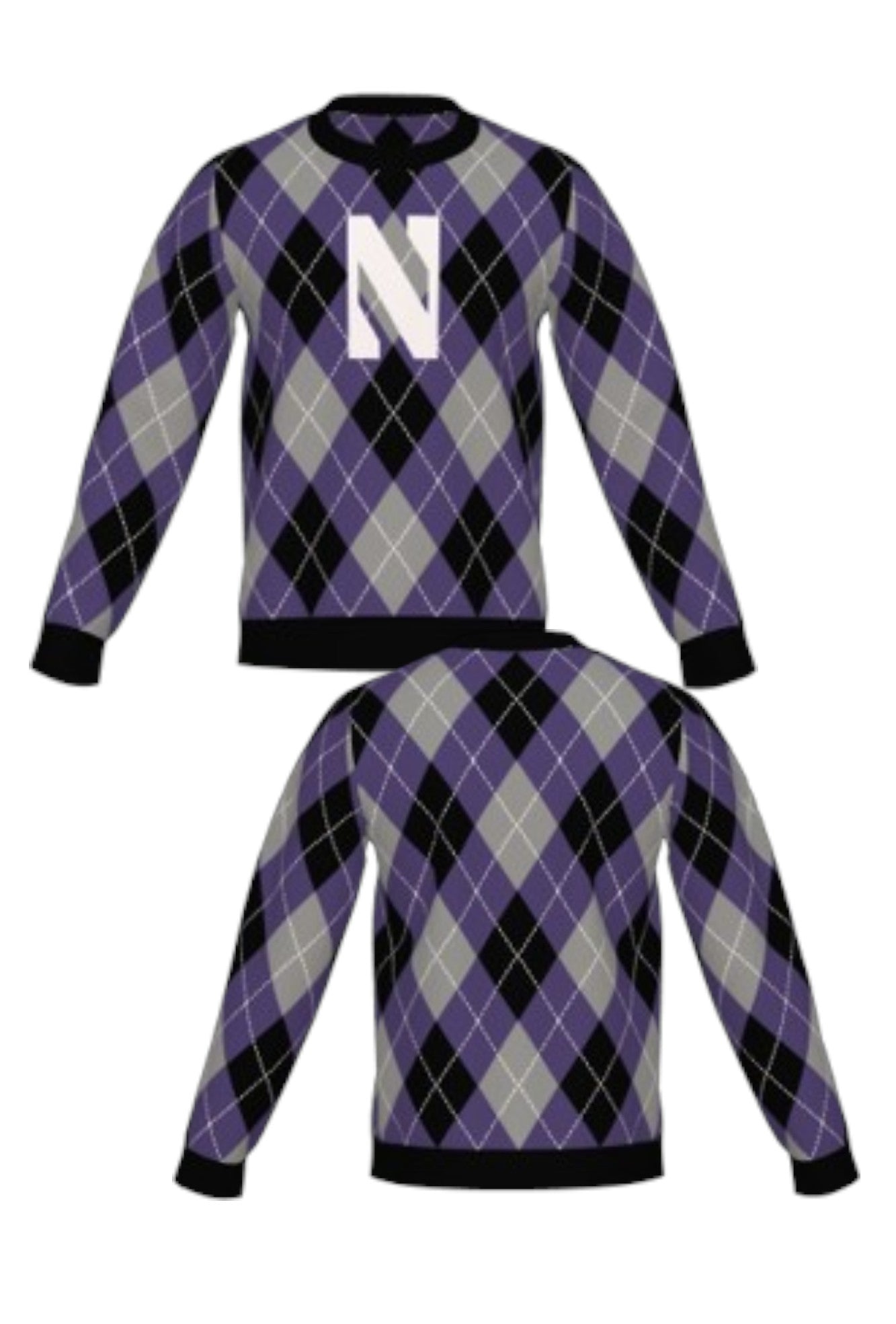 Northwestern University Argyle Knit Crew Neck Sweater in Purple, Grey, Black and White with White Gothic N knitted into the front and Black trim – SOUNDOFF FRONT and Back