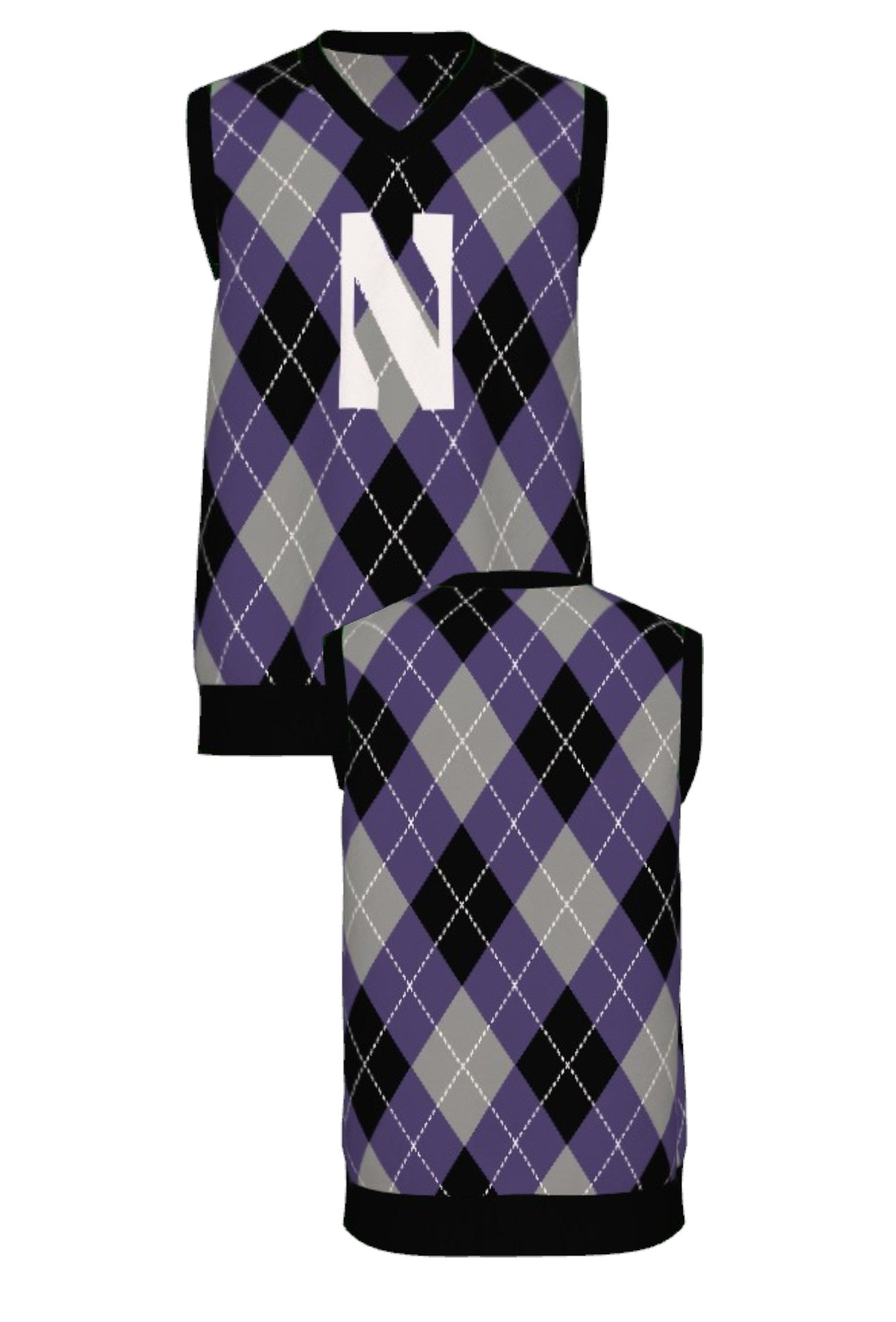 Northwestern University Argyle Knit V-Neck Vest Sweater in Purple, Grey, Black and White with White Gothic N knitted into the front and Black trim – SOUNDOFF FRONT and Back