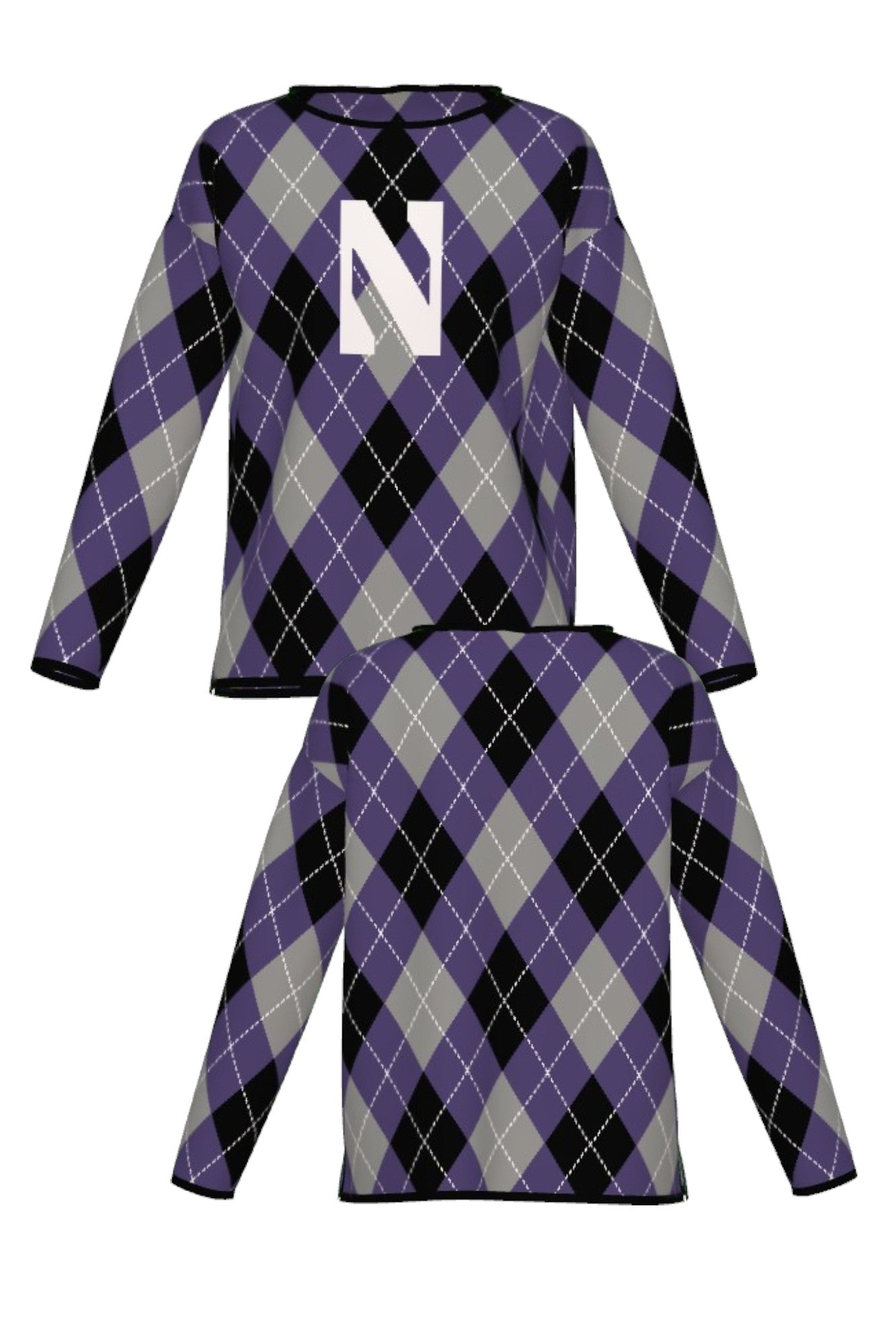 Northwestern University Argyle Knit Women's Sweater in Purple, Grey, Black and White with White Gothic N knitted into the front and Black trim – SOUNDOFF FRONT and Back