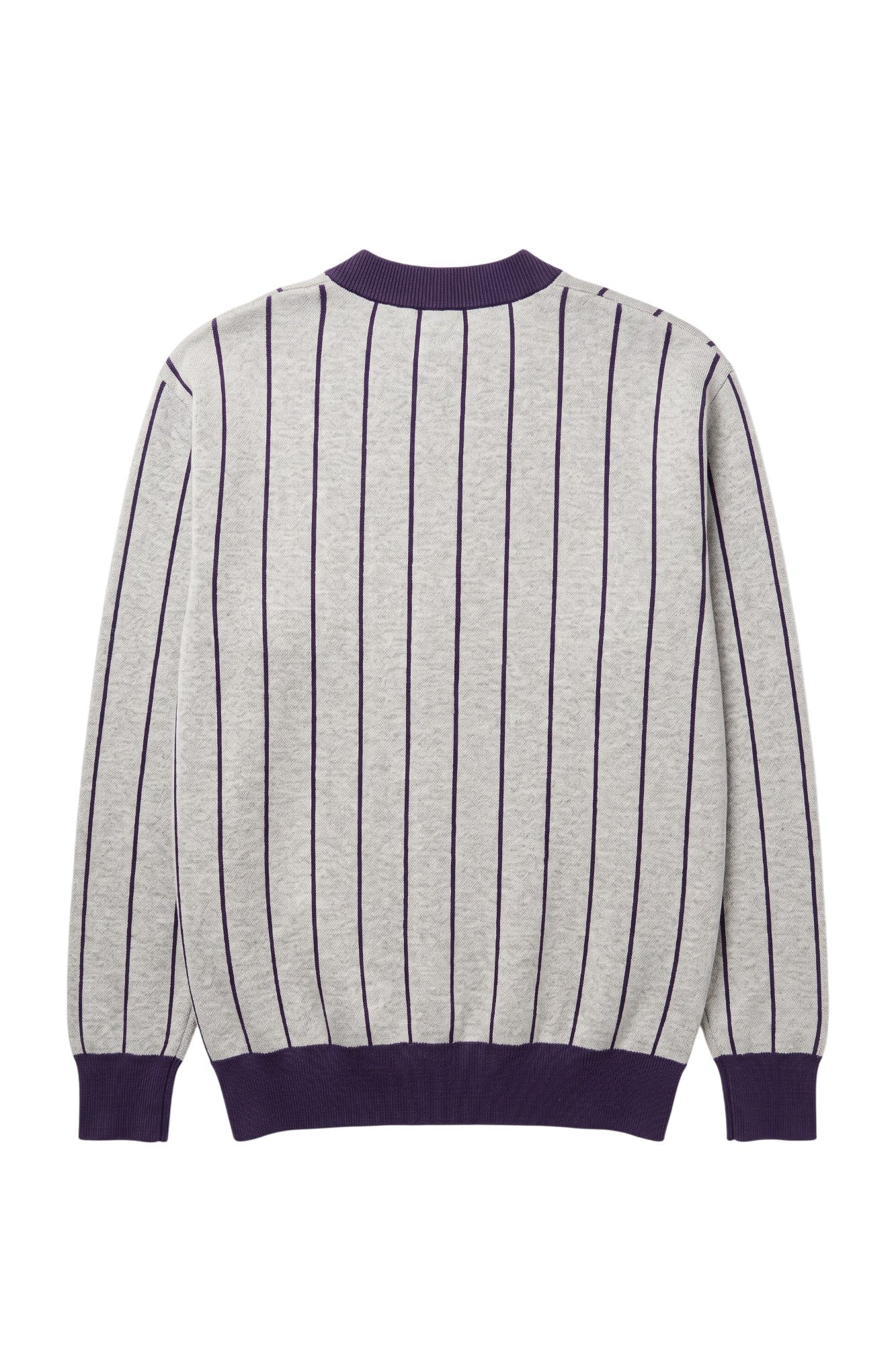 Northwestern University Heritage Pinstripe Cardigan Knit Sweater in Light Grey with Purple vertical pinstripes and Purple trim, designed for patch customization – SOUNDOFF BACK