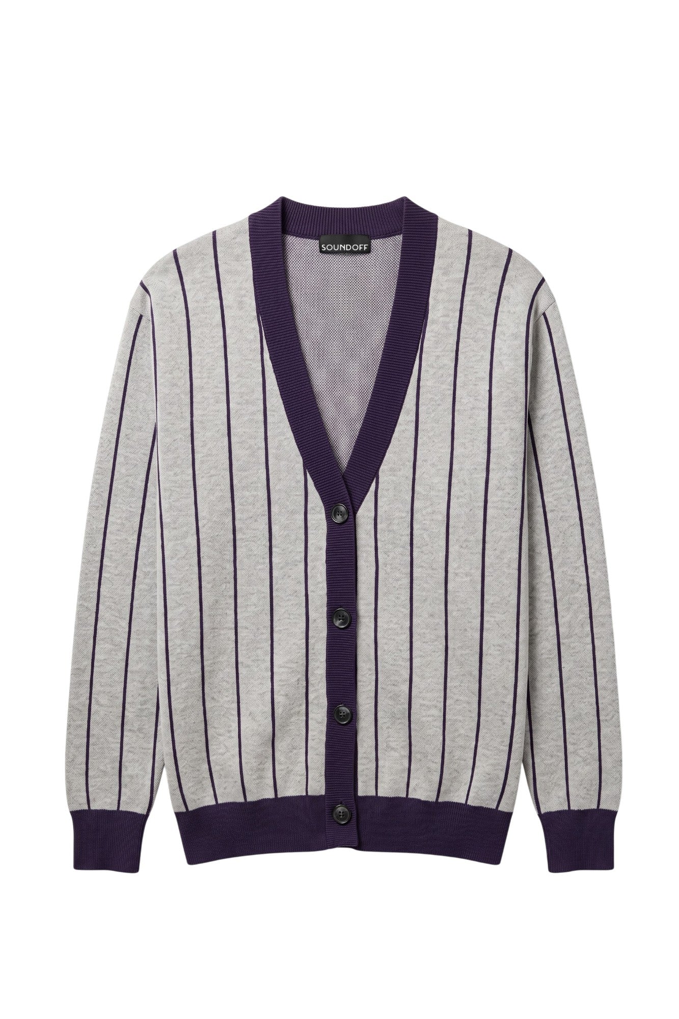 Northwestern University Heritage Pinstripe Cardigan Knit Sweater in Light Grey with Purple vertical pinstripes and Purple trim, designed for patch customization – SOUNDOFF FRONT