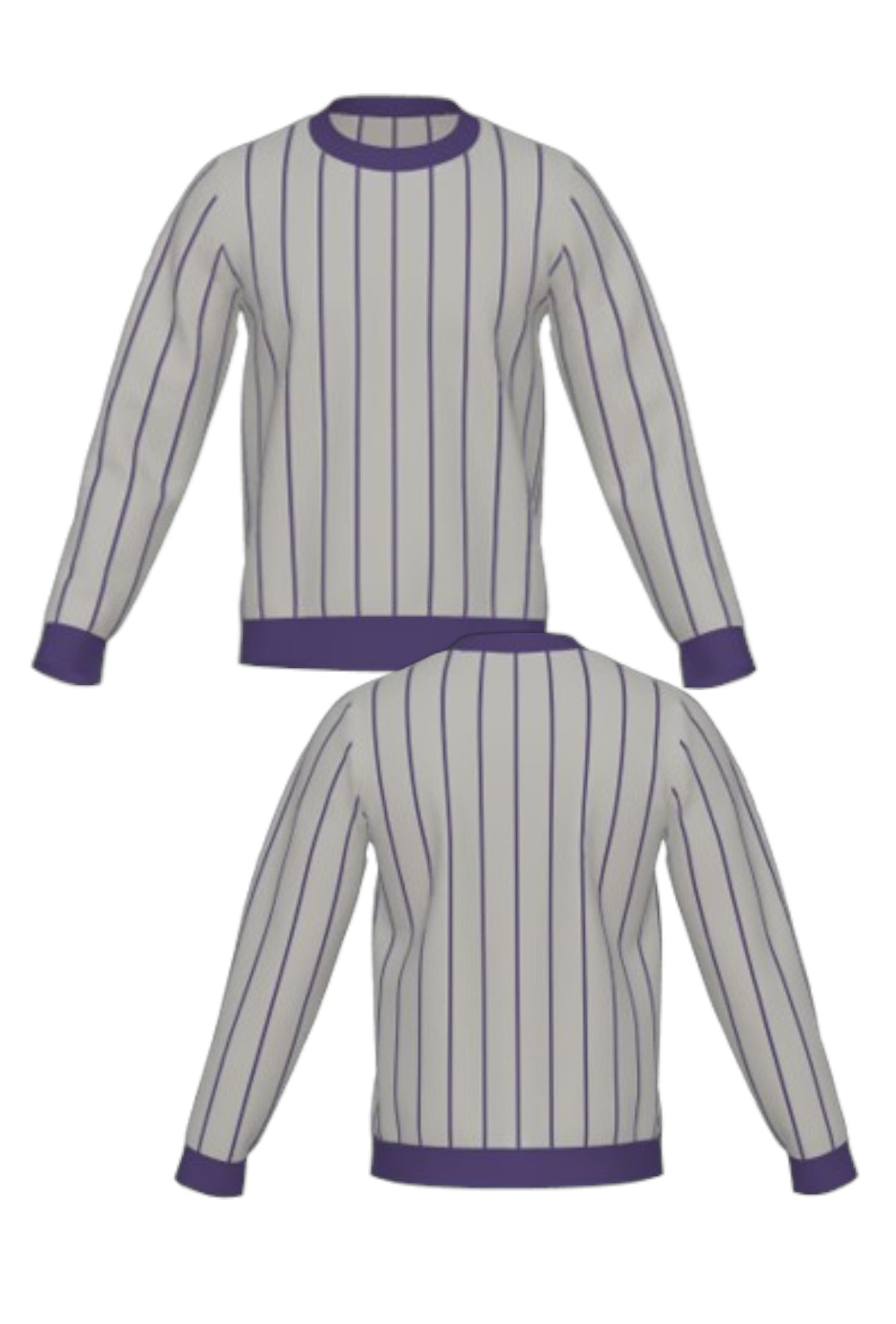 Northwestern University Heritage Pinstripe Crew Neck Knit Sweater in Light Grey with Purple vertical pinstripes and Purple trim, designed for patch customization – SOUNDOFF FRONT and BACK