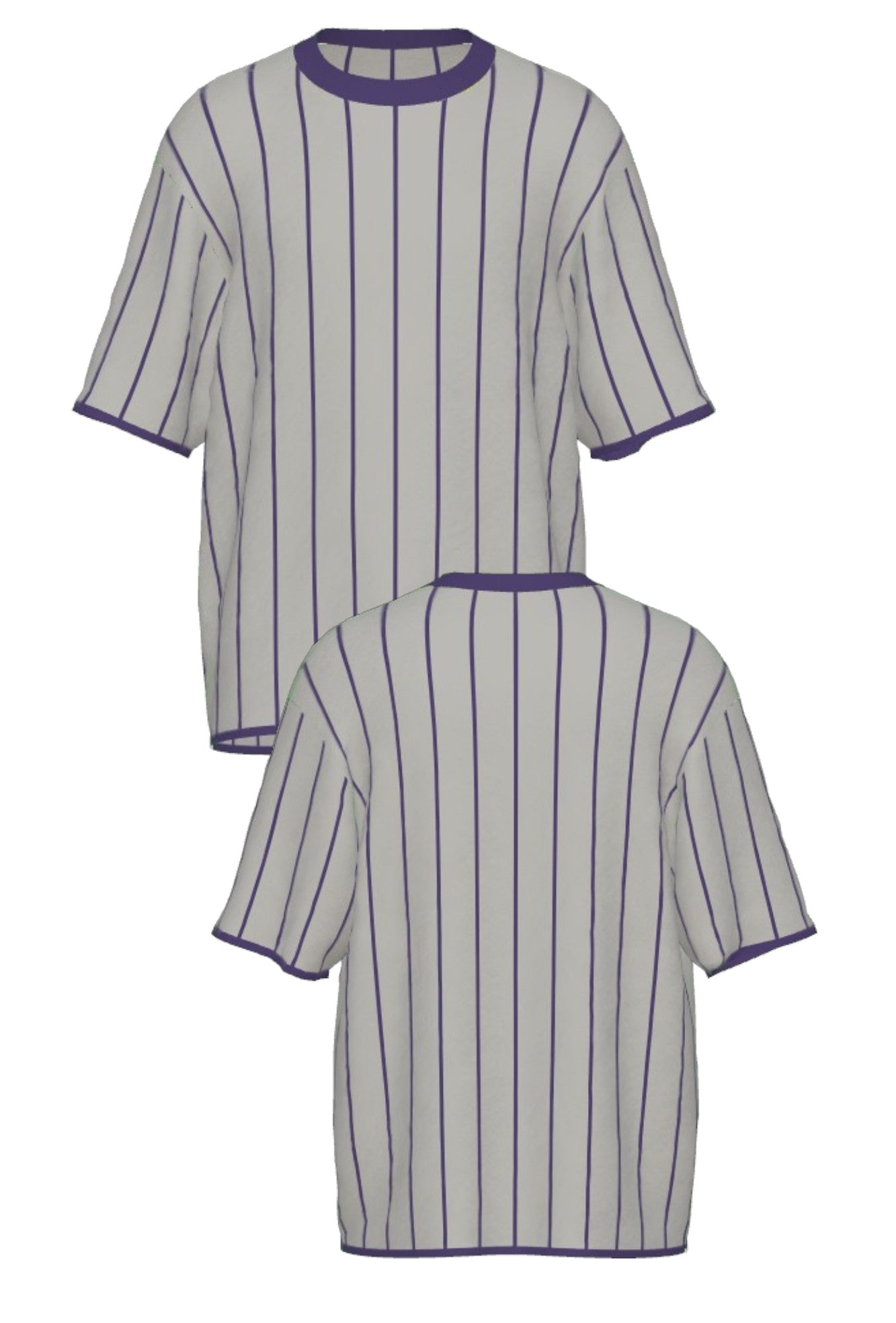Northwestern University Heritage Pinstripe Short Sleeve Knit Sweater in Light Grey with Purple vertical pinstripes and Purple trim, designed for patch customization – SOUNDOFF FRONT and BACK