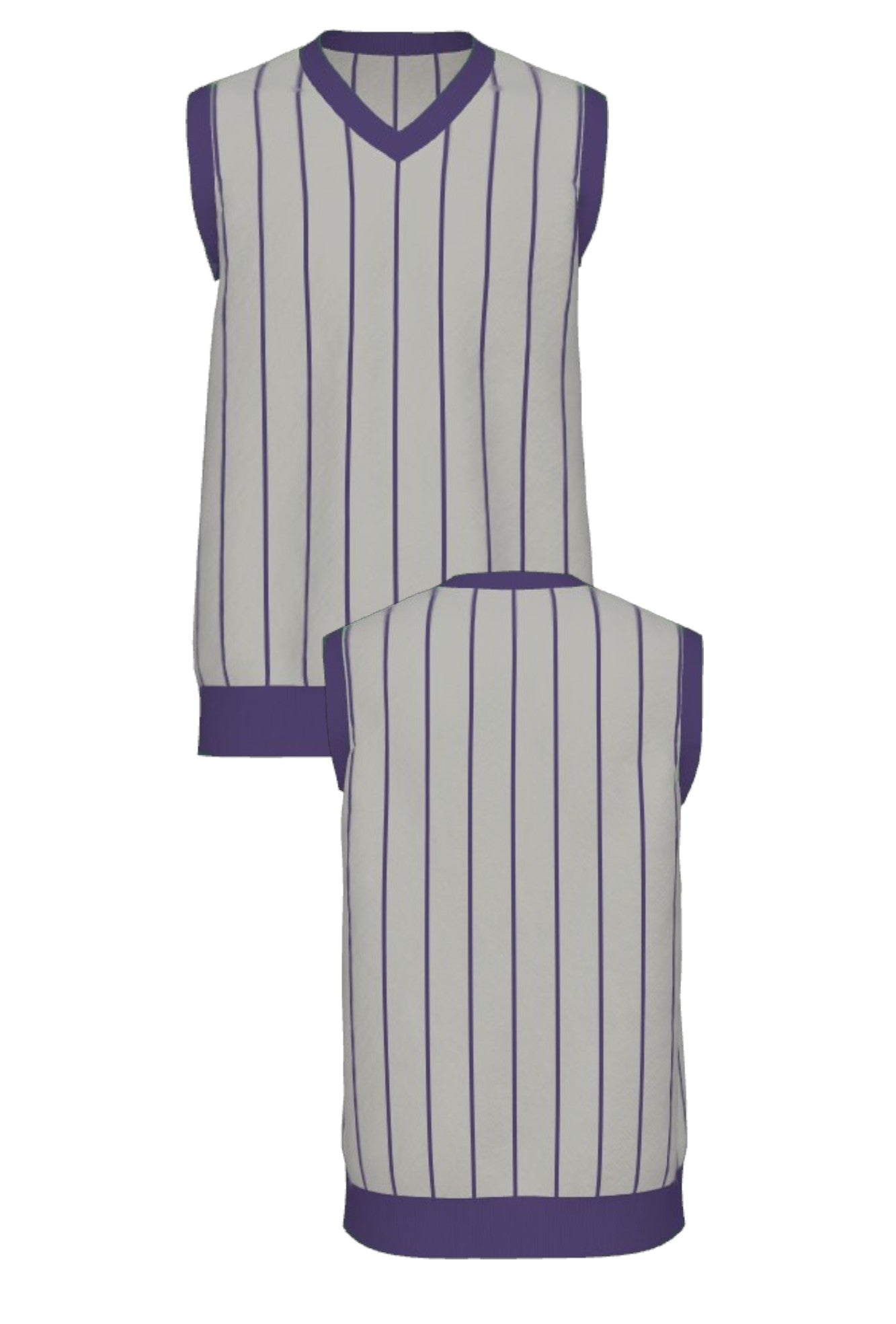 Northwestern University Heritage Pinstripe V-Neck Vest Knit Sweater in Light Grey with Purple vertical pinstripes and Purple trim, designed for patch customization – SOUNDOFF FRONT and BACK