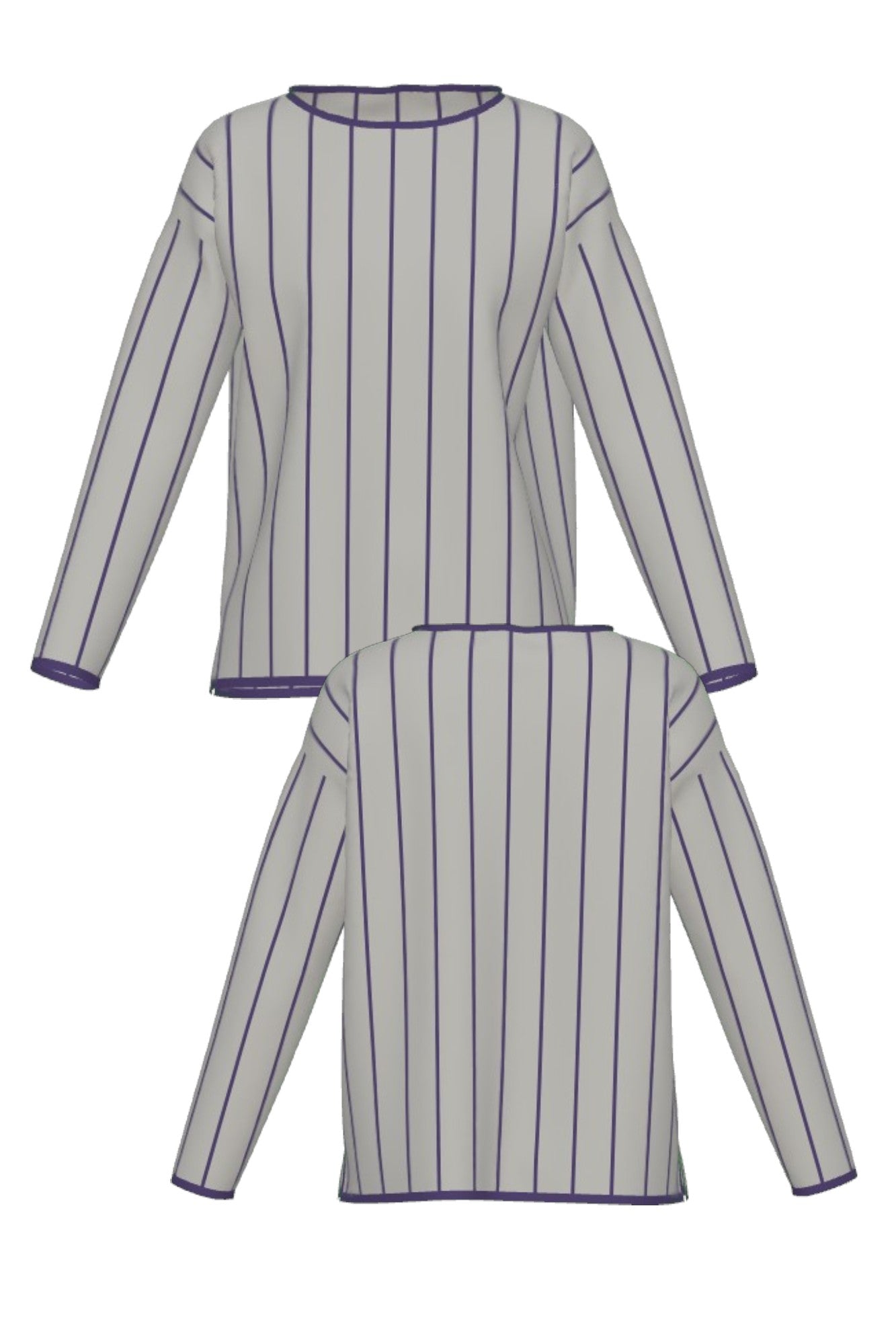 Northwestern University Heritage Pinstripe Women's Knit Sweater in Light Grey with Purple vertical pinstripes and Purple trim, designed for patch customization – SOUNDOFF FRONT and BACK