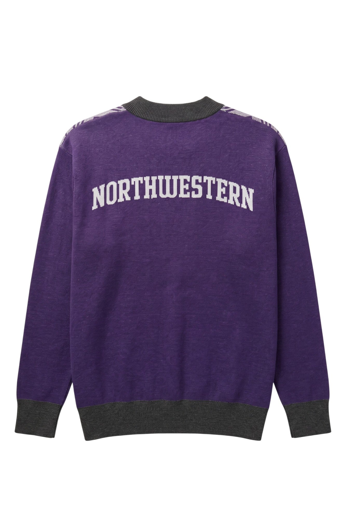 Northwestern University Bias Plaid Knit Cardigan Sweater with Purple, Charcoal Grey and White plaid front, Purple sleeves and Black trim – SOUNDOFF BACK