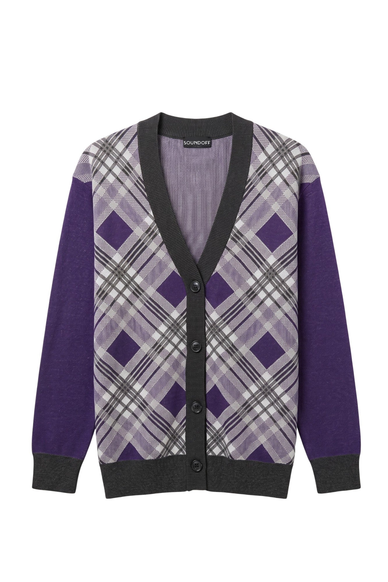 Northwestern University Bias Plaid Knit Cardigan Sweater with Purple, Charcoal Grey and White plaid front, Purple sleeves and Black trim – SOUNDOFF FRONT