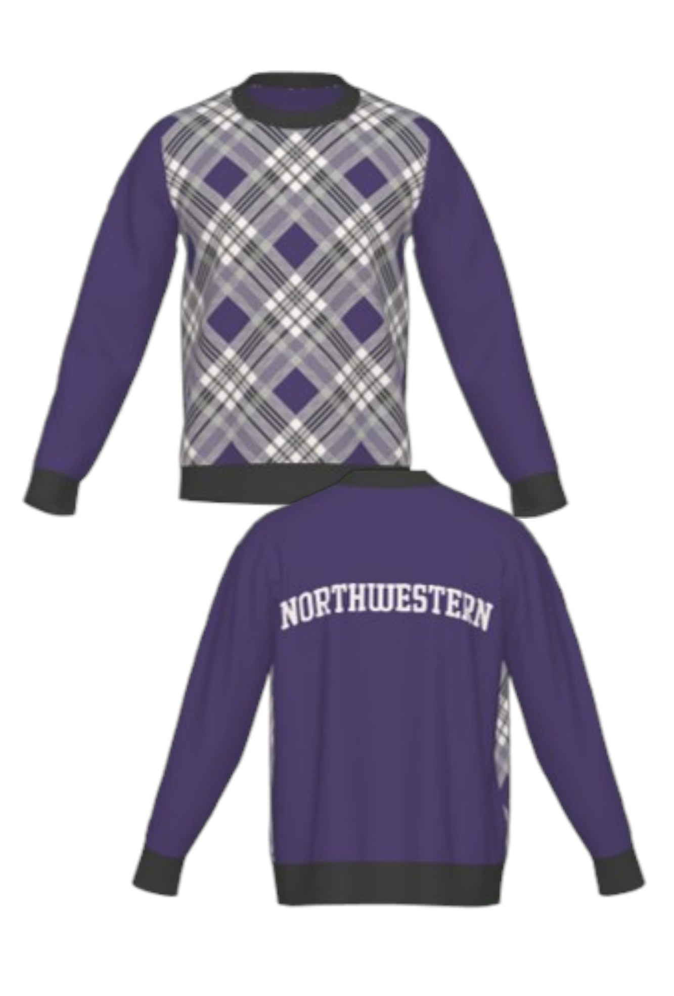 Northwestern University Bias Plaid Knit Crew Neck Sweater with Purple, Charcoal Grey and White plaid front, Purple sleeves and Black trim – SOUNDOFF FRONT and BACK