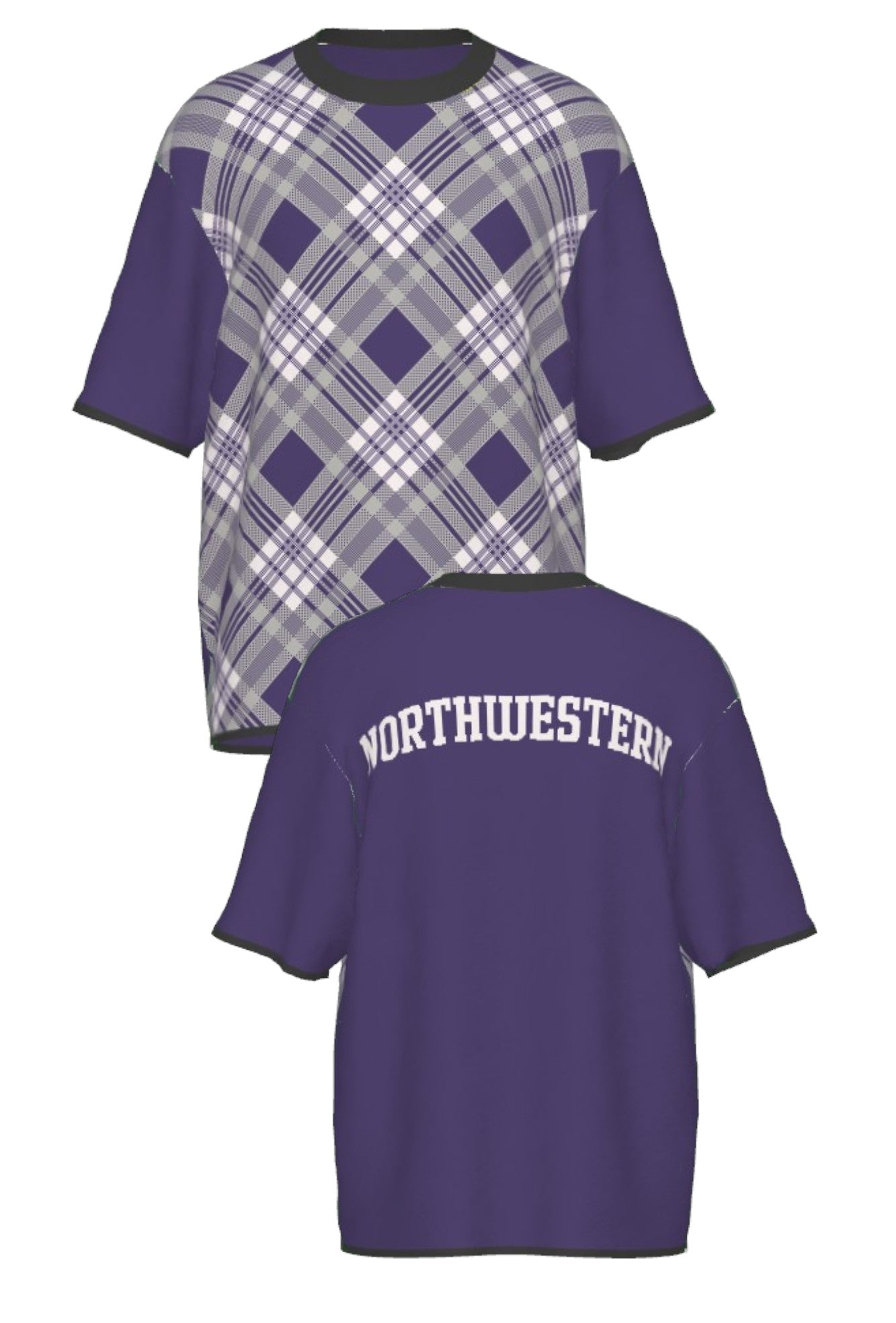 Northwestern University Bias Plaid Knit Short Sleeve Sweater with Purple, Charcoal Grey and White plaid front, Purple sleeves and Black trim – SOUNDOFF FRONT and BACK