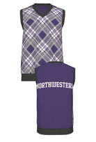 Northwestern University Bias Plaid Knit V-Neck Vest Sweater with Purple, Charcoal Grey and White plaid front, Purple sleeves and Black trim – SOUNDOFF FRONT and BACK