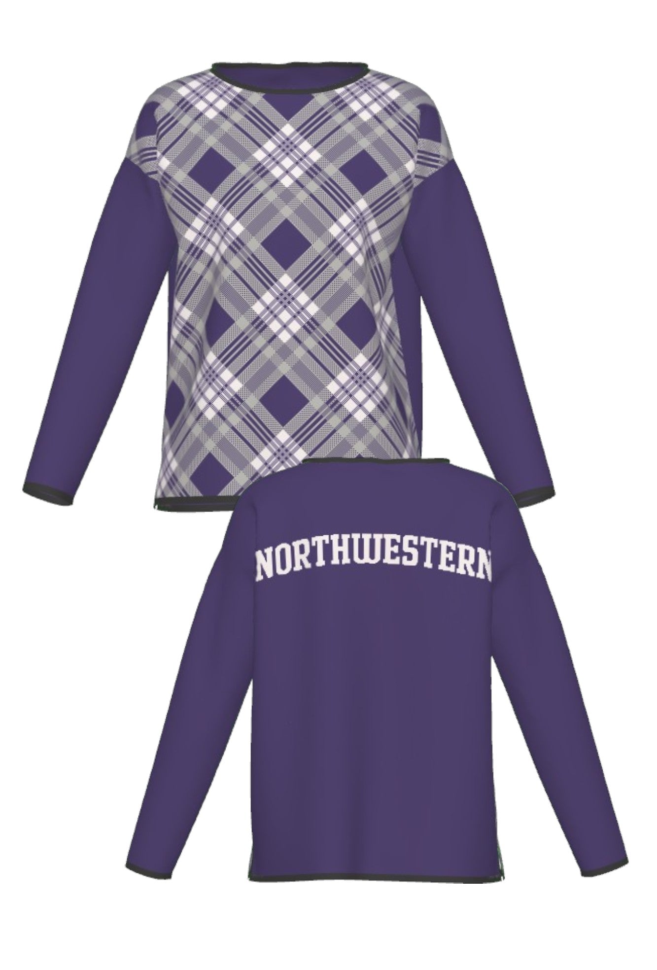 Northwestern University Bias Plaid Knit Women's Sweater with Purple, Charcoal Grey and White plaid front, Purple sleeves and Black trim – SOUNDOFF FRONT and BACK