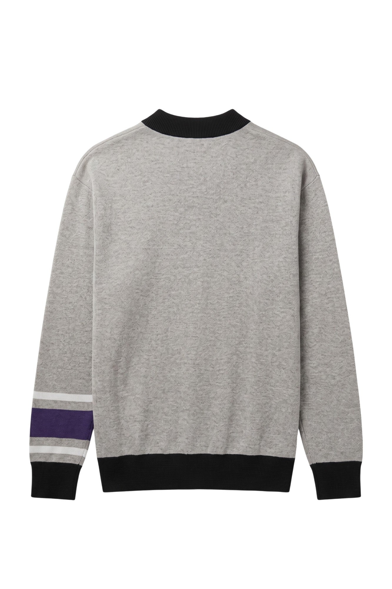 Northwestern University Powerstripe Knit Cardigan Sweater in Grey with Purple trim, Purple Gothic N with White trim and Purple and White sleeve stripes – SOUNDOFF BACK