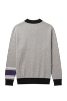 Northwestern University Powerstripe Knit Cardigan Sweater in Grey with Purple trim, Purple Gothic N with White trim and Purple and White sleeve stripes – SOUNDOFF BACK