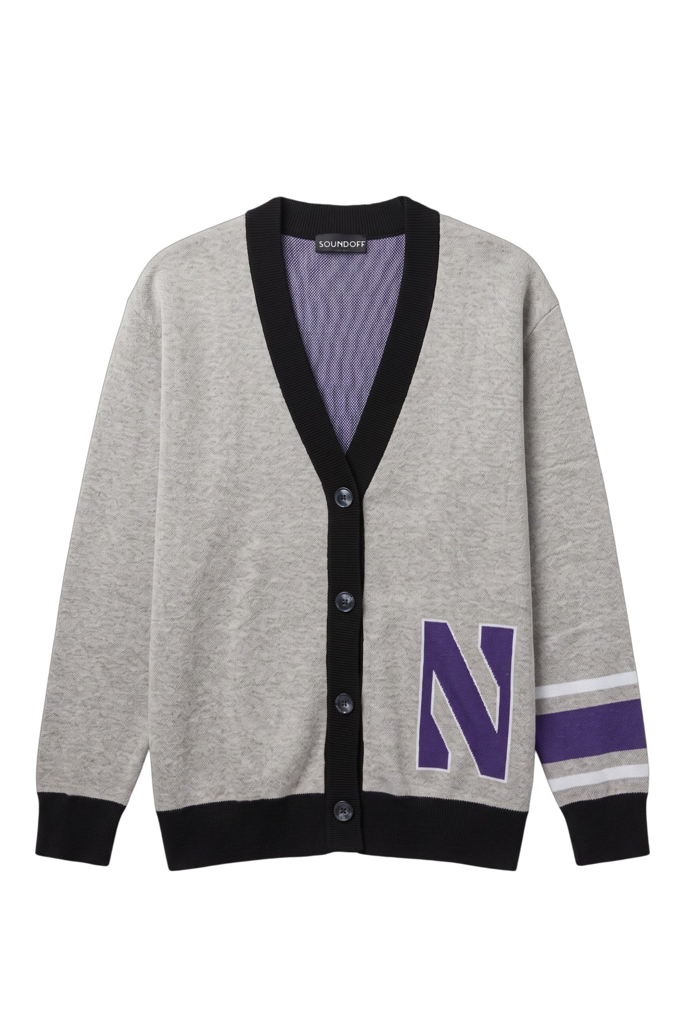 Northwestern University Powerstripe Knit Cardigan Sweater in Grey with Purple trim, Purple Gothic N with White trim and Purple and White sleeve stripes – SOUNDOFF FRONT