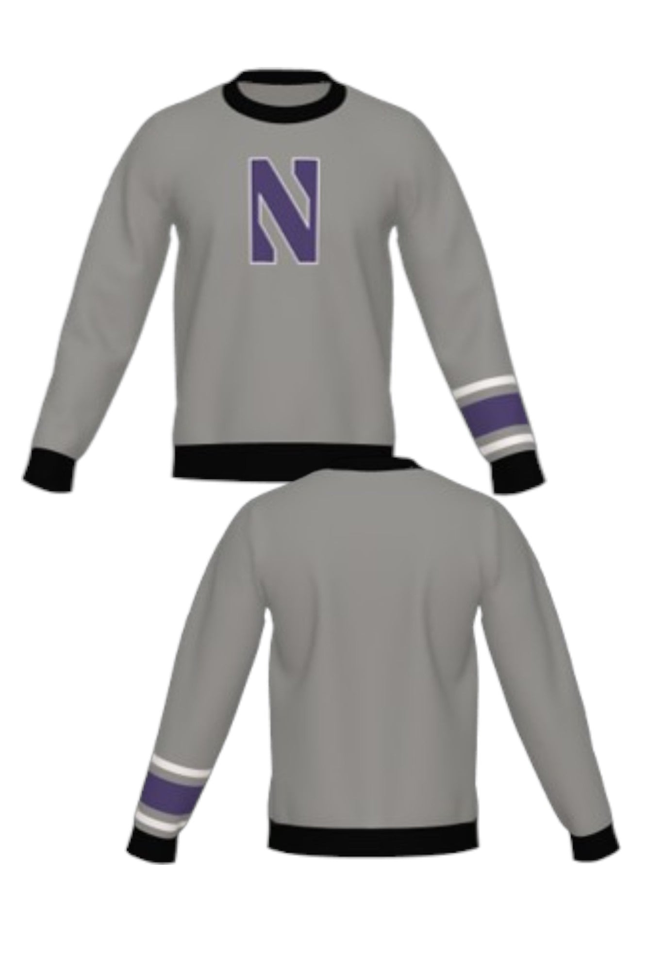 Northwestern University Powerstripe Knit Crew Neck Sweater in Grey with Purple trim, Purple Gothic N with White trim and Purple and White sleeve stripes – SOUNDOFF FRONT and BACK