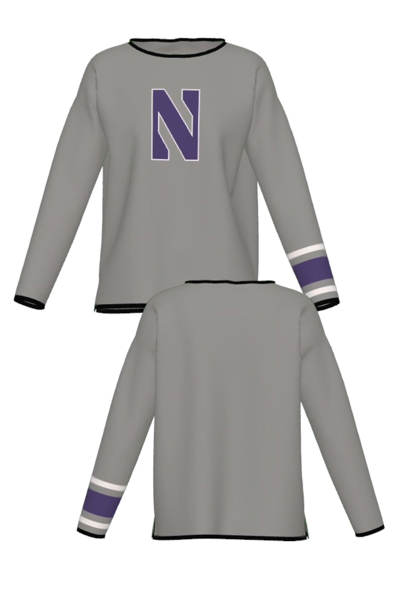 Northwestern University Powerstripe Knit Women's Sweater in Grey with Purple trim, Purple Gothic N with White trim and Purple and White sleeve stripes – SOUNDOFF FRONT and BACK