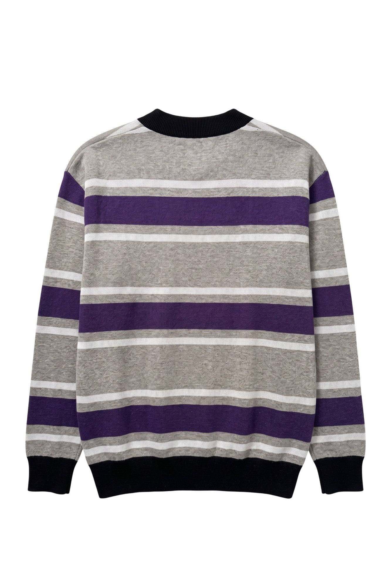 Northwestern University Powerstripe Rugby Cardigan Knit Sweater in Grey, White and Purple stripes with Black trim and Black interlock NU – SOUNDOFF BACK