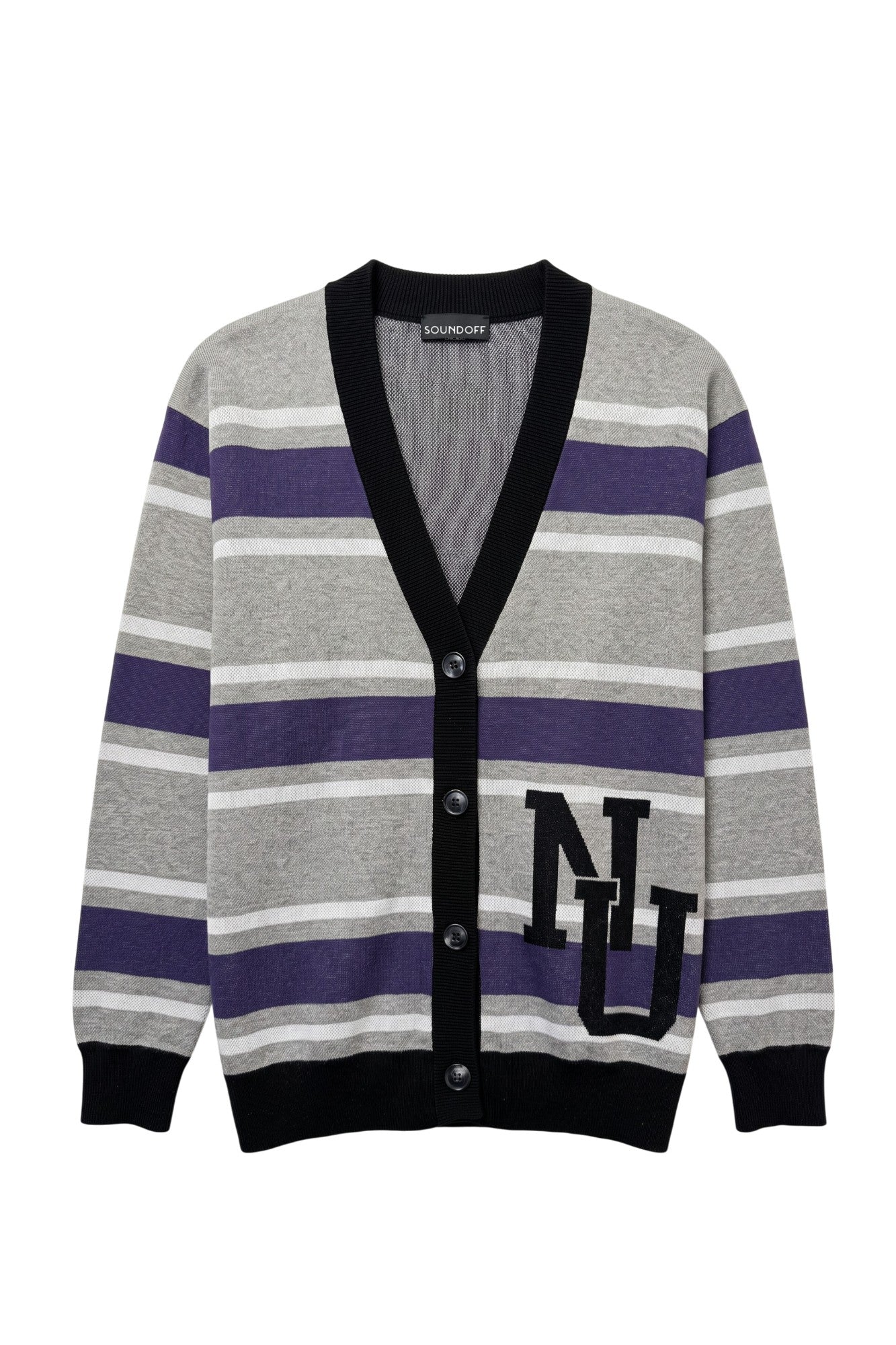 Northwestern University Powerstripe Rugby Cardigan Knit Sweater in Grey, White and Purple stripes with Black trim and Black interlock NU – SOUNDOFF FRONT