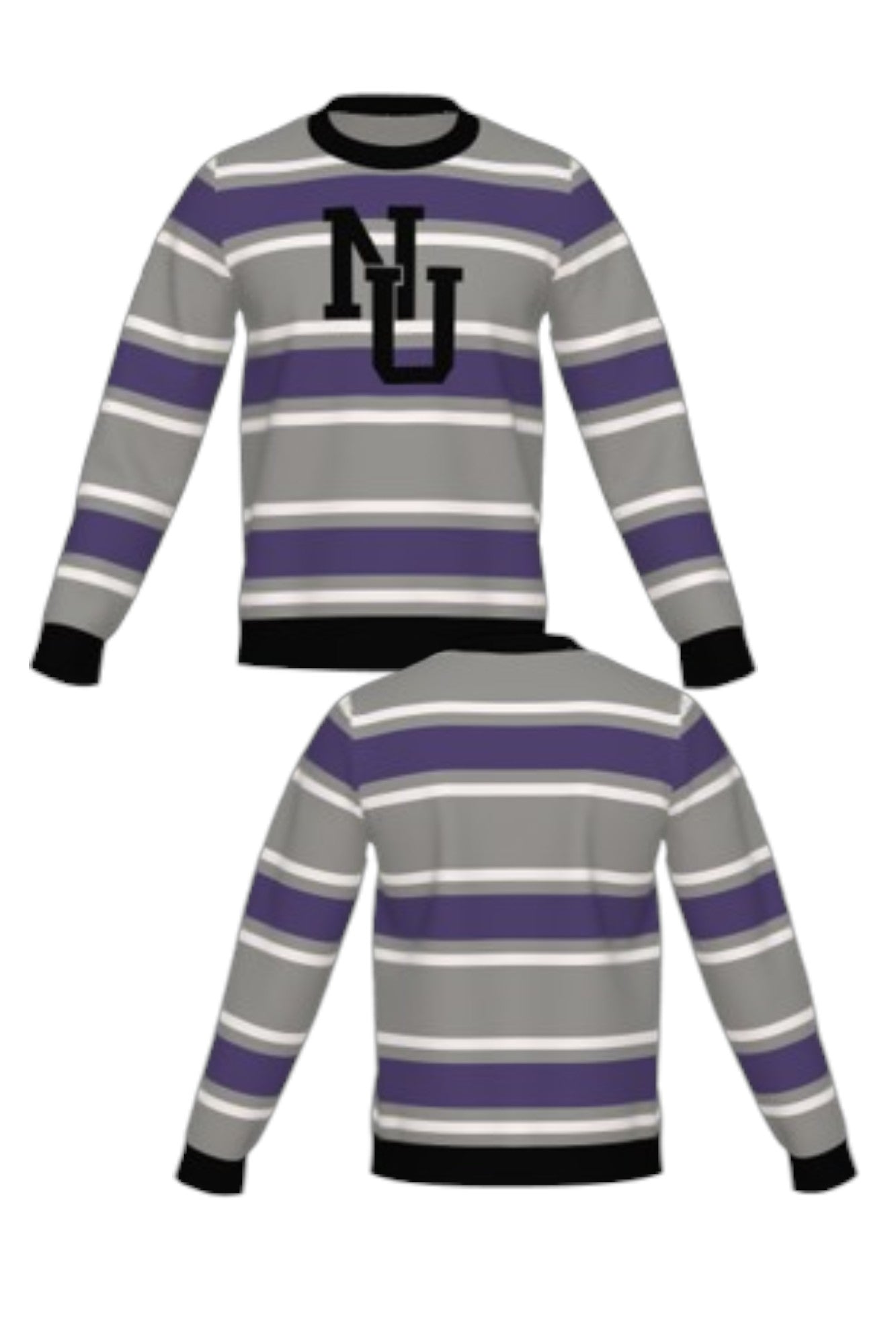 Northwestern University Powerstripe Rugby Crew Neck Knit Sweater in Grey, White and Purple stripes with Black trim and Black interlock NU – SOUNDOFF FRONT and BACK