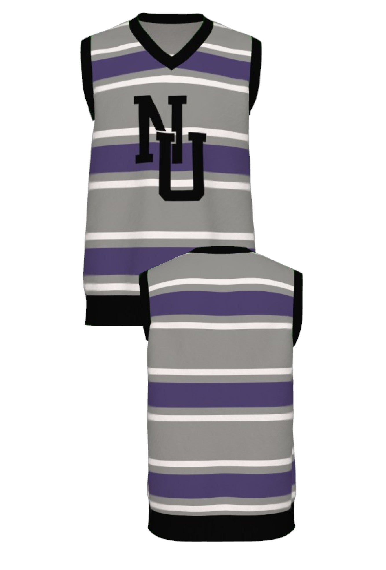Northwestern University Powerstripe Rugby V-Neck Vest Knit Sweater in Grey, White and Purple stripes with Black trim and Black interlock NU – SOUNDOFF FRONT and BACK
